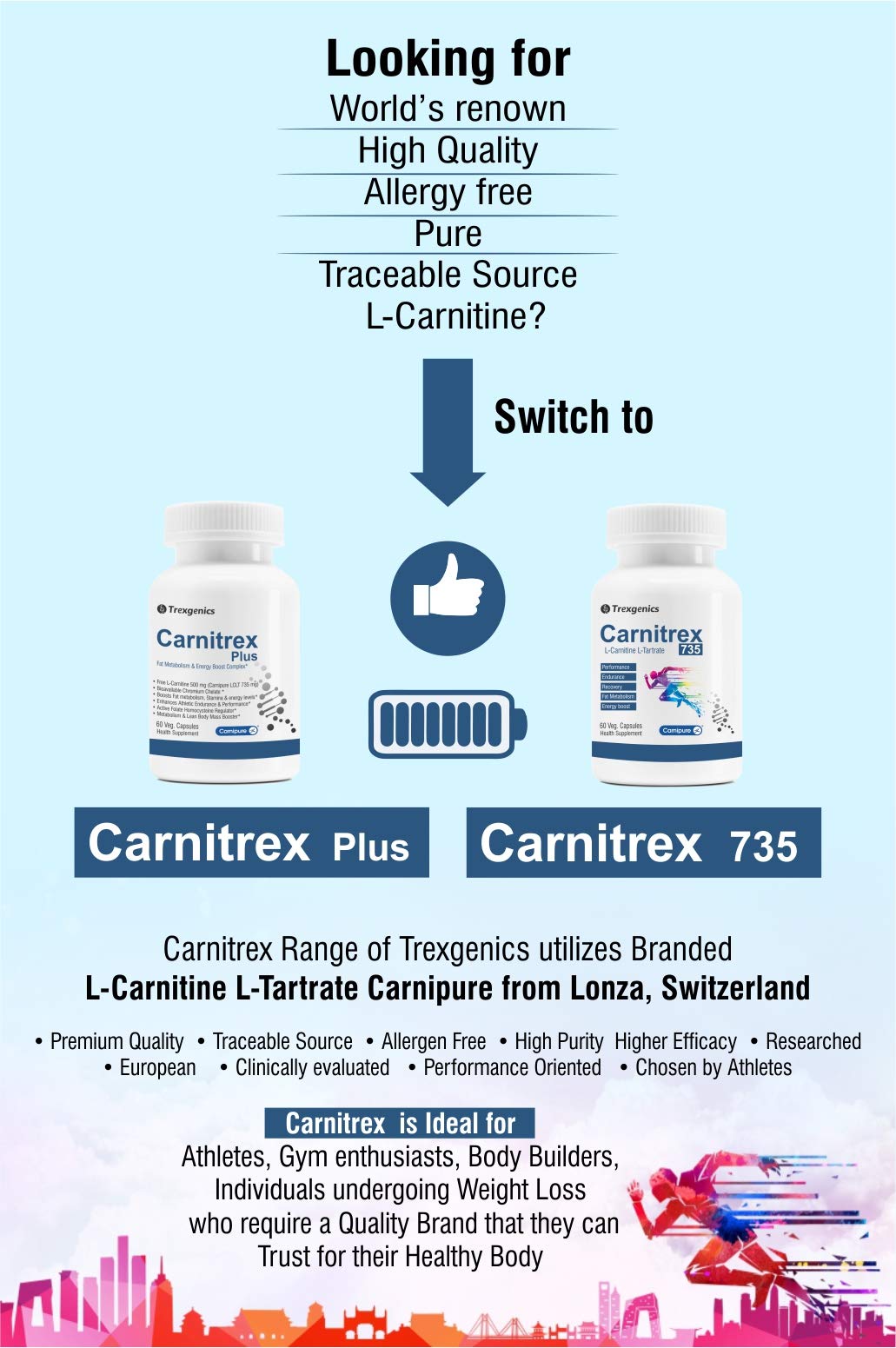 Trexgenics L-Carnitine L Tartrate VEGAN & GLUTEN FREE CARNIPURE (Lonza, Switzerland) L-Carnitine L-Tartrate 735mg (60 Veg. Capsules)