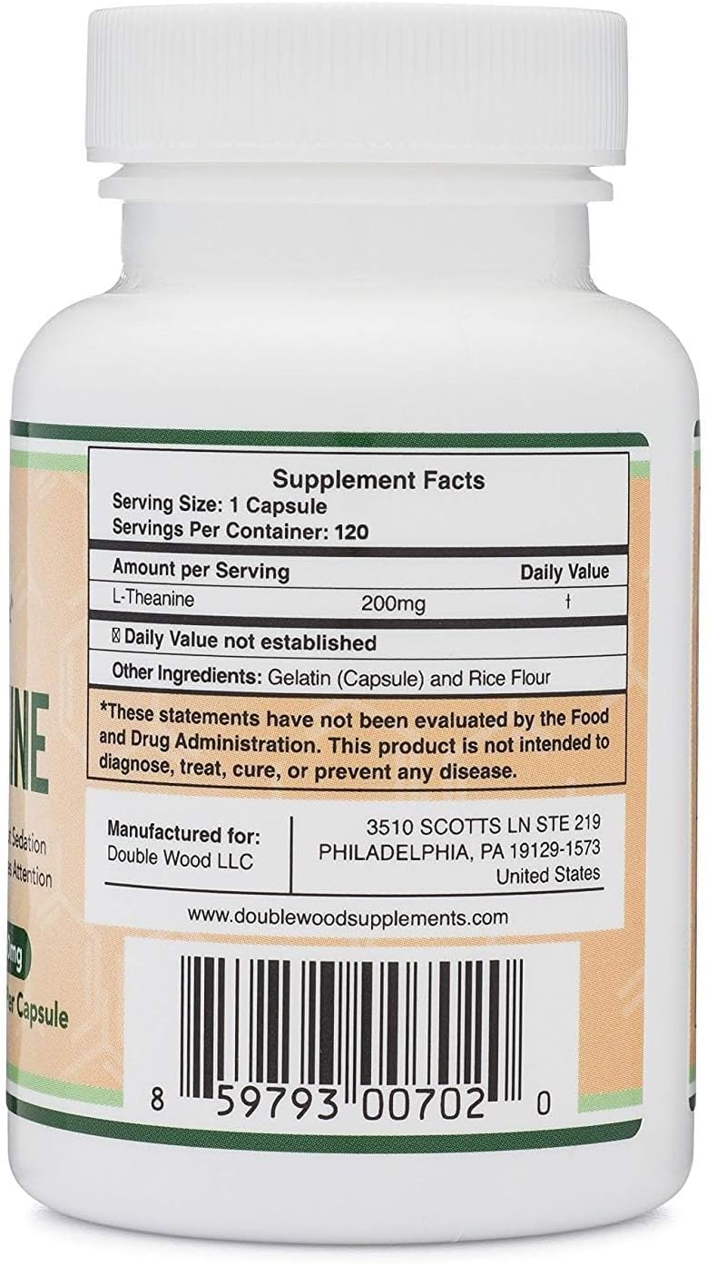 L-Theanine Supplement 200mg, 120 Capsules (Soy Free, Gluten Free, Non-GMO, Third Party Tested) Synergy with Magnesium L-Threonate and Apigenin by Double Wood
