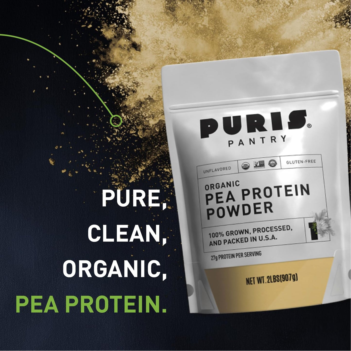 PURIS® Organic Pea Protein Powder, 100% Grown, Processed and Packed in USA, Plant Based, 2 LB Unflavored, Organic, Vegan, Gluten Free, Dairy Free, Non GMO, Keto