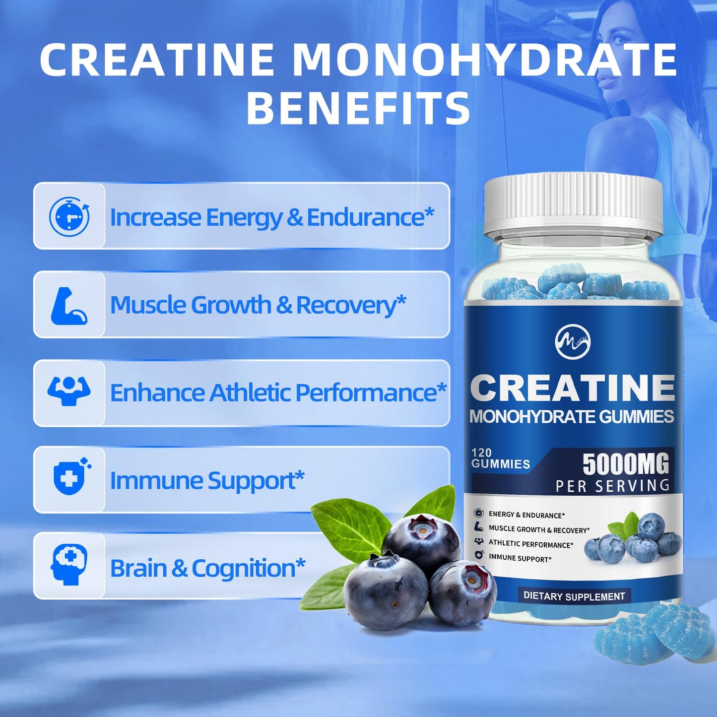 Creatine Monohydrate Gummies 5000mg with Taurine and L-Glutamine, Blueberry Flavored Creatine Monohydrate for Men and Women, Pre Workout Supplement for Muscle Strength and Energy Boost, 120 Gummies