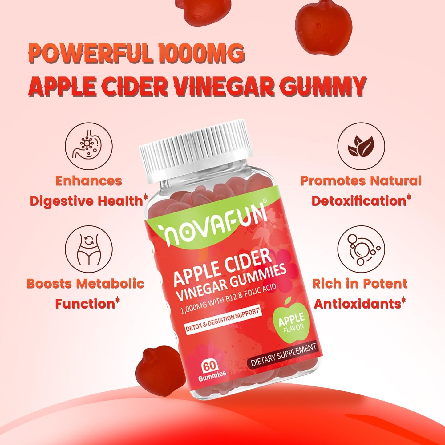 Novafun Apple Cider Vinegar Gummies with Vitamin B12 & Folic Acid - 1000mg Apple Cider Vinegar for Detox & Digestion Support, Vegetarian & Gluten-Free, Apple Flavor, 60 Count
