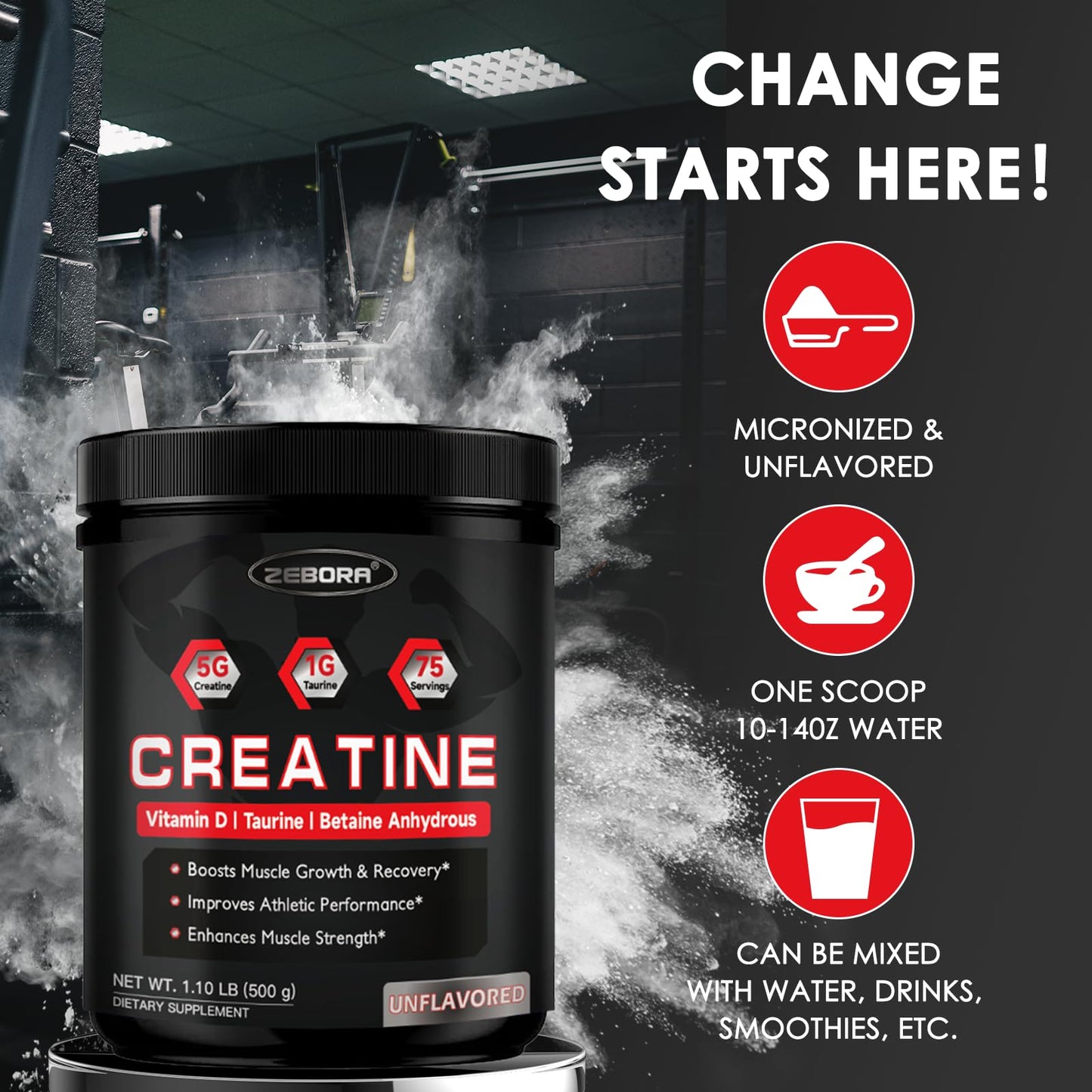ZEBORA Micronized Creatine Monohydrate Powder, Creatine Monohydrate for Women-Men, Helps Muscle Recovery, Enhances Muscle Size & Strength with 5G Creatine and 1G Taurine, 75 Servings