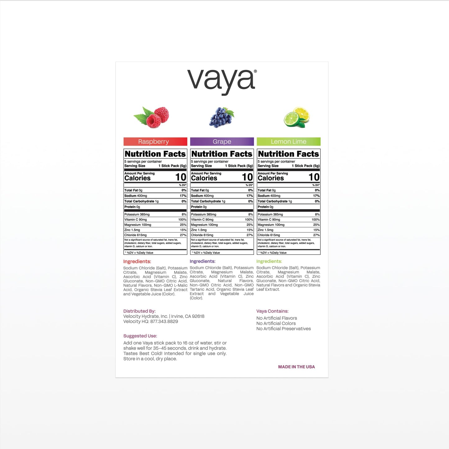 Vaya Zero Sugar Premium Hydration Electrolyte Powder | Variety Pack | 15 Stick Packs | 1G Carbs, 1,500MG Electrolytes, Vitamin C & Antioxidants | 3 Flavors | Raspberry, Grape & Lemon Lime