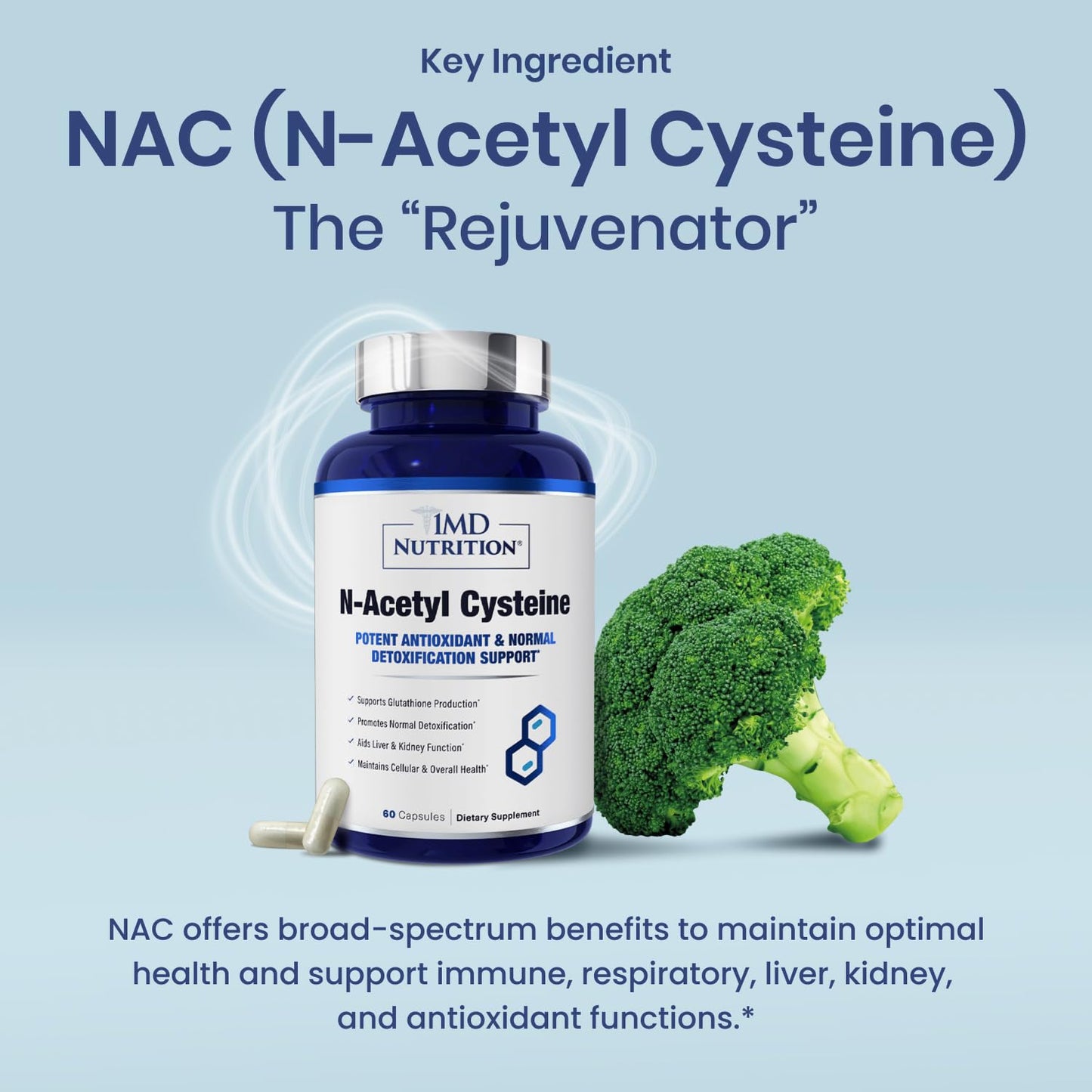 1MD Nutrition NAC Supplement N-Acetyl Cysteine - NAC 600 mg - Antioxidant Supplement Supports Detox and Glutathione Production - N Acetylcysteine Respiratory Supplement for Lung Health - 60 Capsules