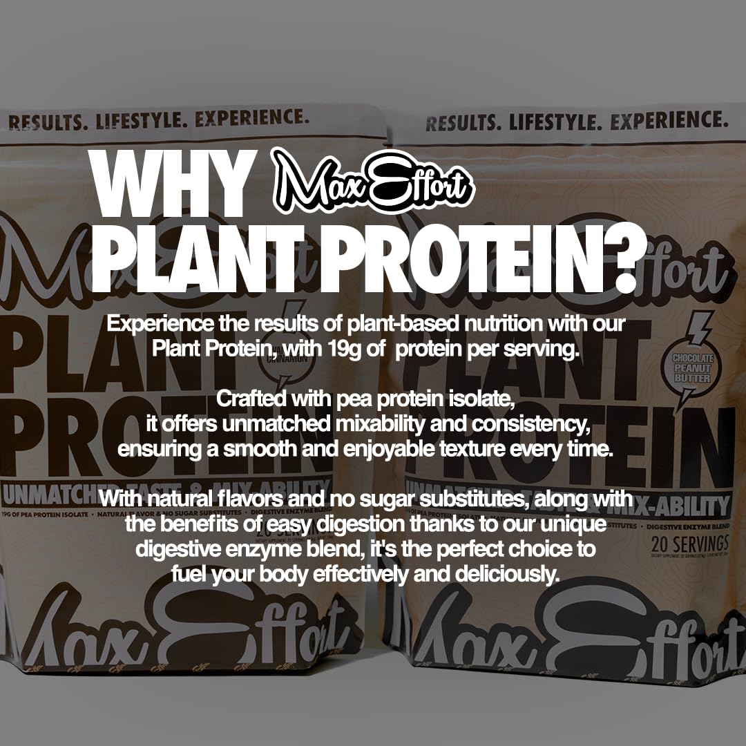 MAX EFFORT Plant Protein Powder, 17 G Pea Protein, Plant Based, Gluten Free, Low Carb, Protein Shake or Smoothie Mix, Meal Replacement, No Whey, No Sugar Substitutes, Vanilla Cinnamon, 20 Srvg