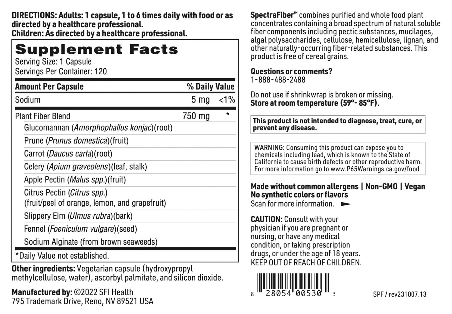 Klaire Labs Spectrafiber - Hypoallergenic 9 Soluble Fiber Blend with Apple Pectin & Glucomannan, No Psyllium & Gluten-Free (120 Capsules)