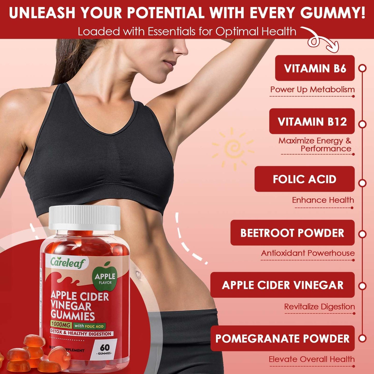 careleaf Apple Cider Vinegar Gummies 60 Counts 1000mg AVC with Vitamin B6 Vitamin B12 for Metabolism, Digestion, Detox, Gut & Immune Health