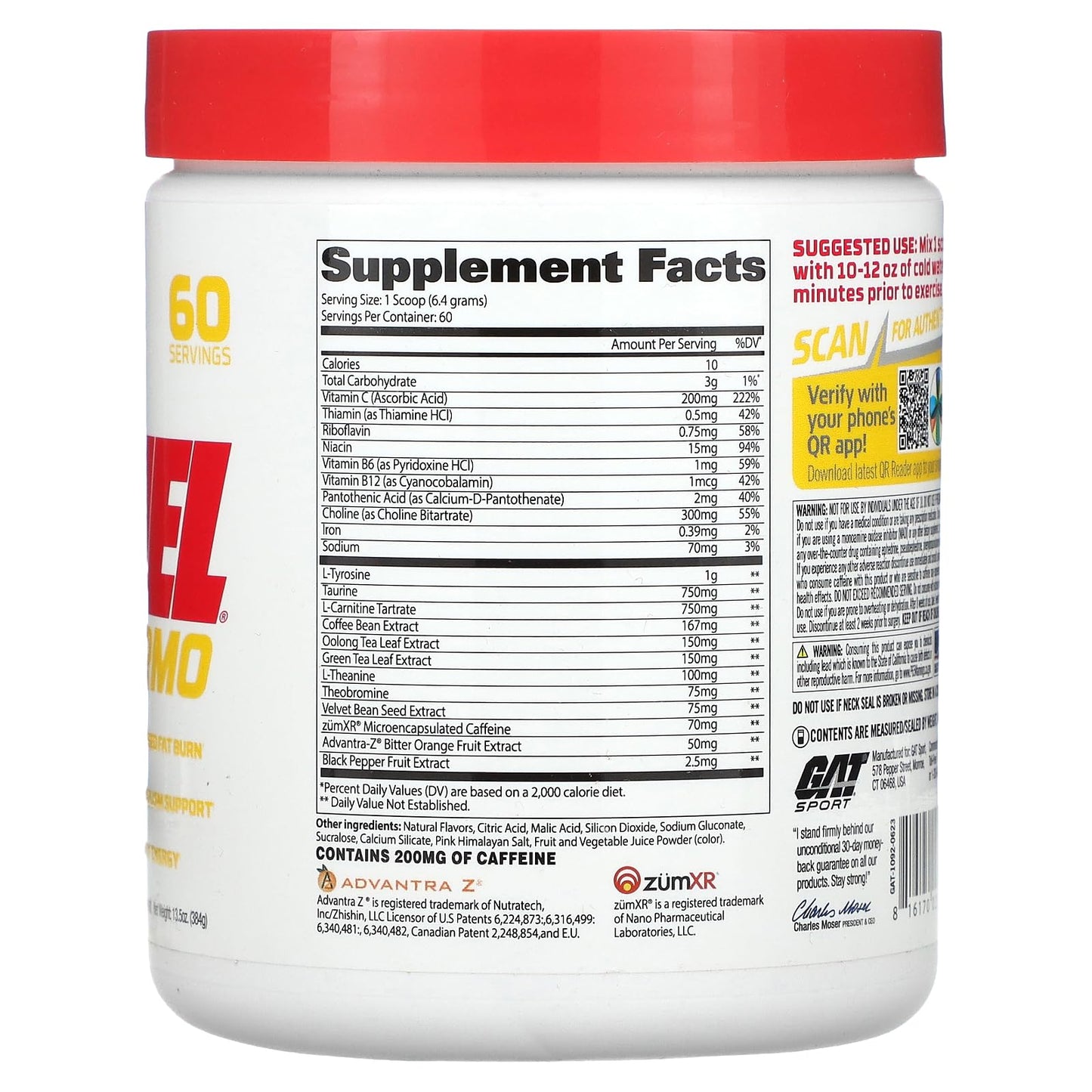 GAT SPORT JetFuel Thermo Powder for Fat Burning, ZumXR Caffeine, Carnitine, Theanine, for Men & Women (Strawberry Lemonade)