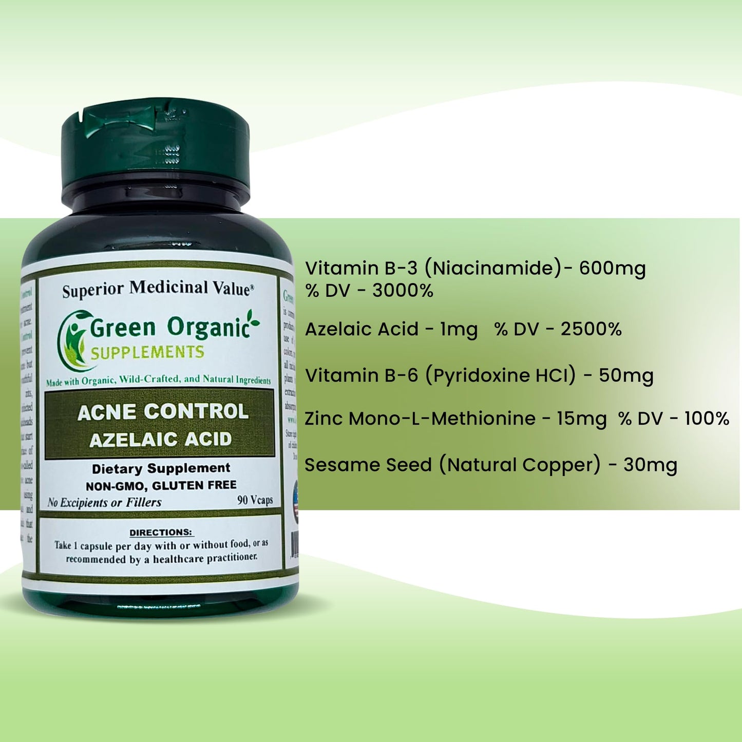 Green Organic Supplements Acne, Azelaic Acid, 90 VCaps, High Absorbable, Non-GMO, Gluten-Free, (Single)