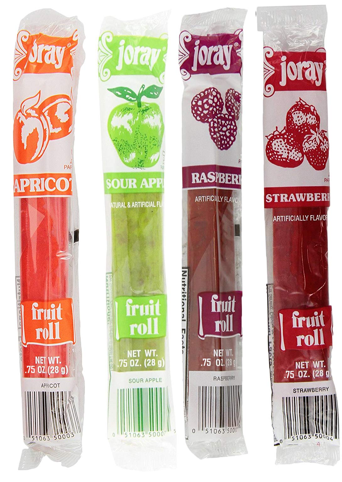 Joray Fruit Roll Variety Pack Apricot Strawberry Raspberry Sour Apple75 Oz Fruit Leather Total of 24 Fruit Leathers