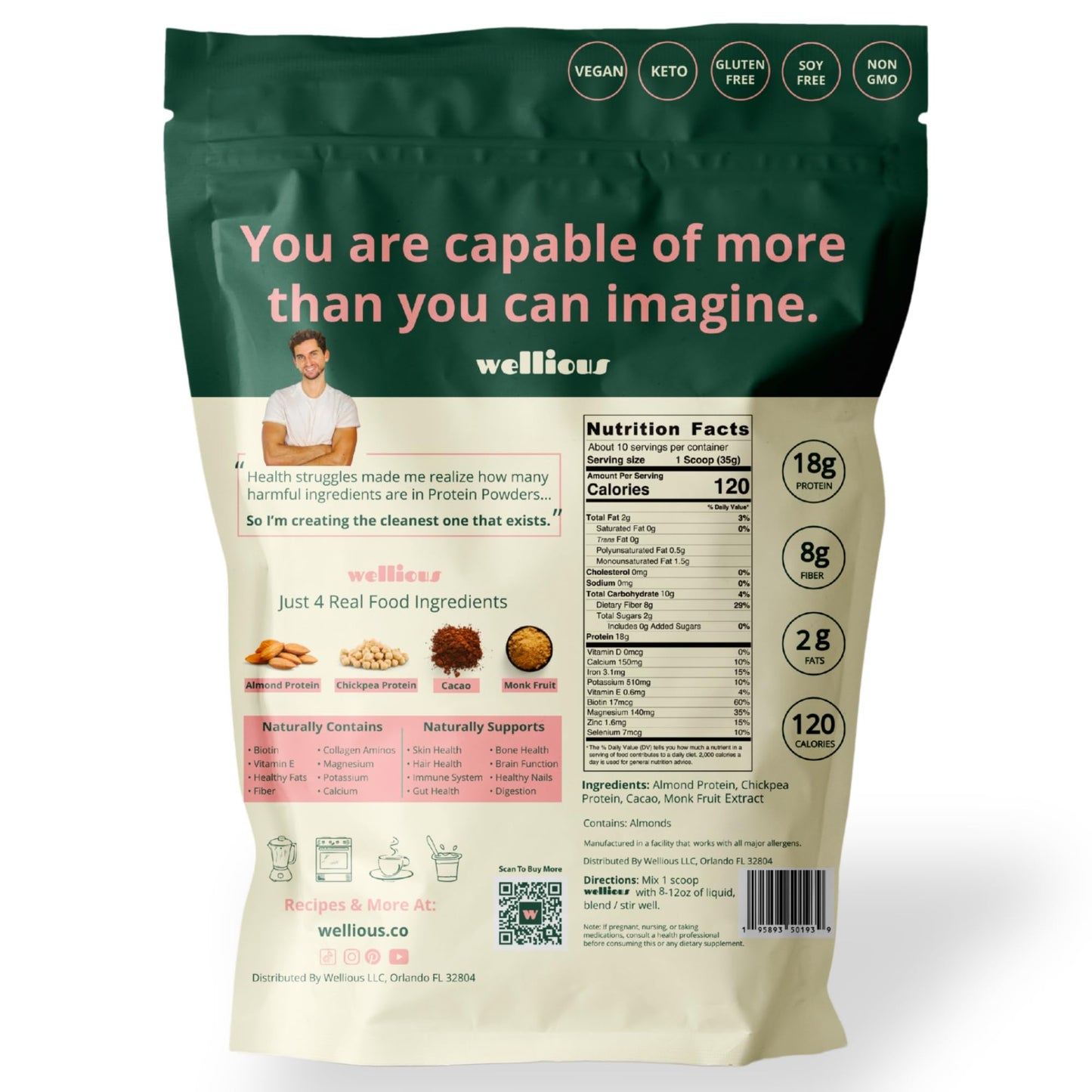 wellious Clean Vegan Protein Powder Chocolate - Plant Based Protein Powder Dairy Free for Gut Health, No Sodium, High Fiber, Keto Friendly, Non Dairy, Lactose Free
