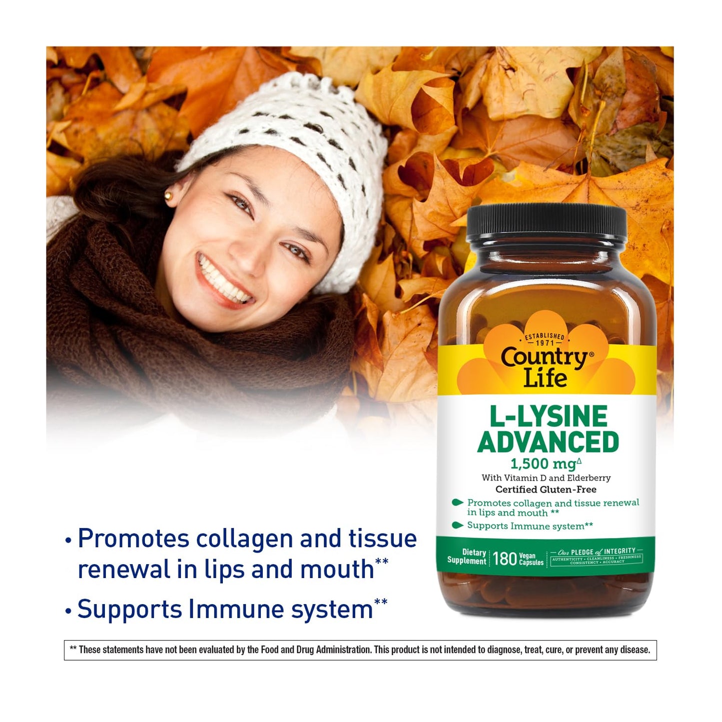 Country Life L-Lysine 1500mg Capsules with Vitamin D & Elderberry - Advanced Immune Support and Collagen Renewal - Certified Gluten-Free & Vegan - 180 Capsules