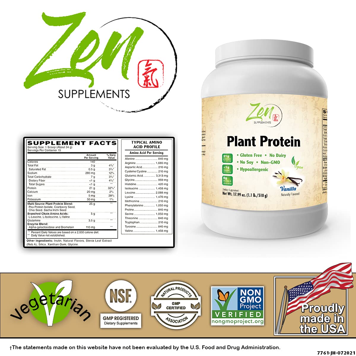 Zen Supplements - Plant Protein-Vanilla 510G 1.1LB-Powder- 25 Grams of Protein Per Serving -Vegan, Low Net Carbs, Non Dairy, Gluten Free, Lactose Free, No Sugar Added, Soy Free, Kosher, Non-GMO