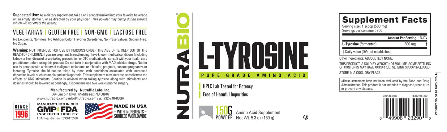 NutraBio L-Tyrosine Supplement, 150g - Help Support Athletic Performance and Wellness