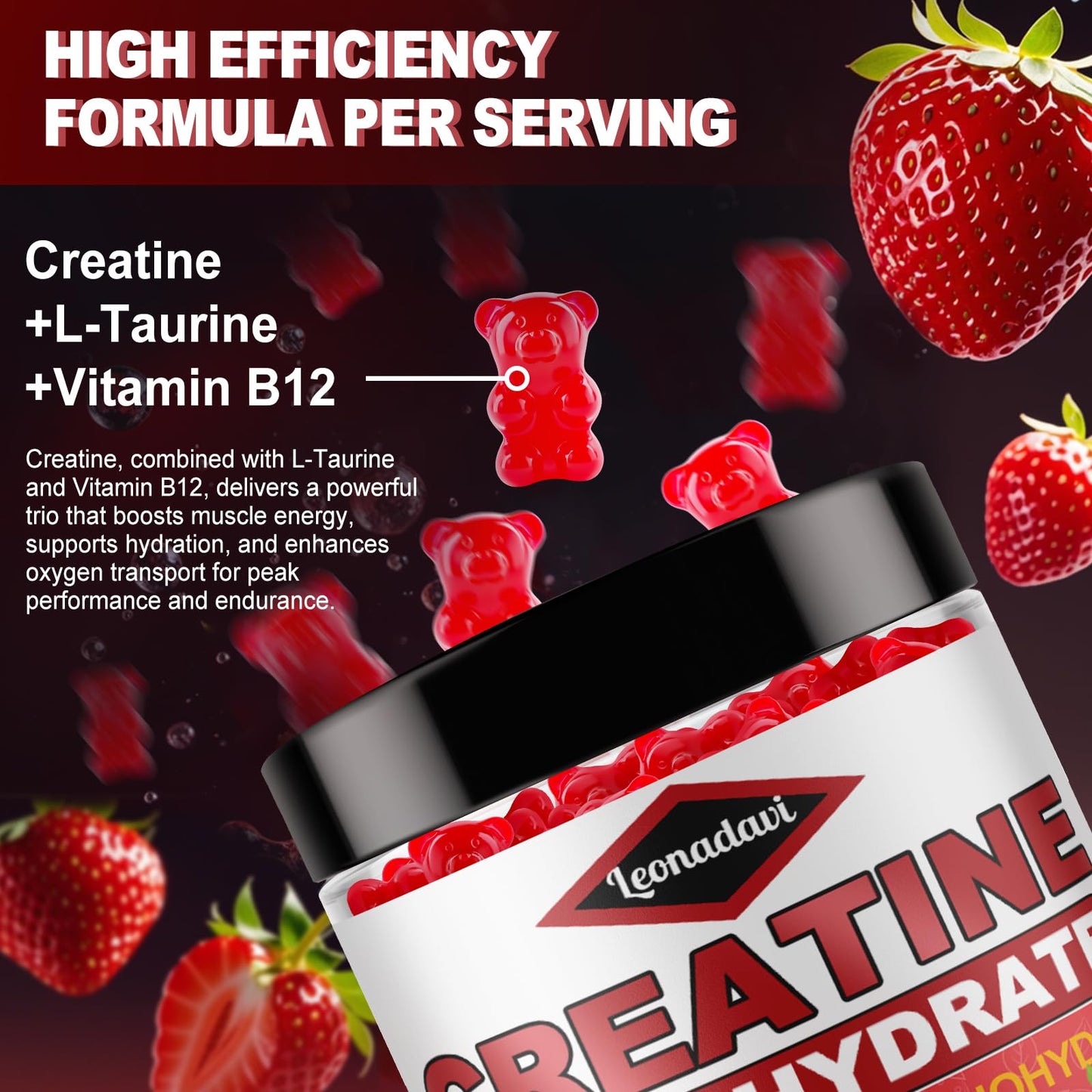 Creatine Monohydrate Gummies 6200mg for Men & Women - 120 Count Advanced Formula W/L-Taurine + Vitamin B12 for Muscle Strength, Muscle Builder, Energy Boost, Pre-Workout Supplement -Strawberry