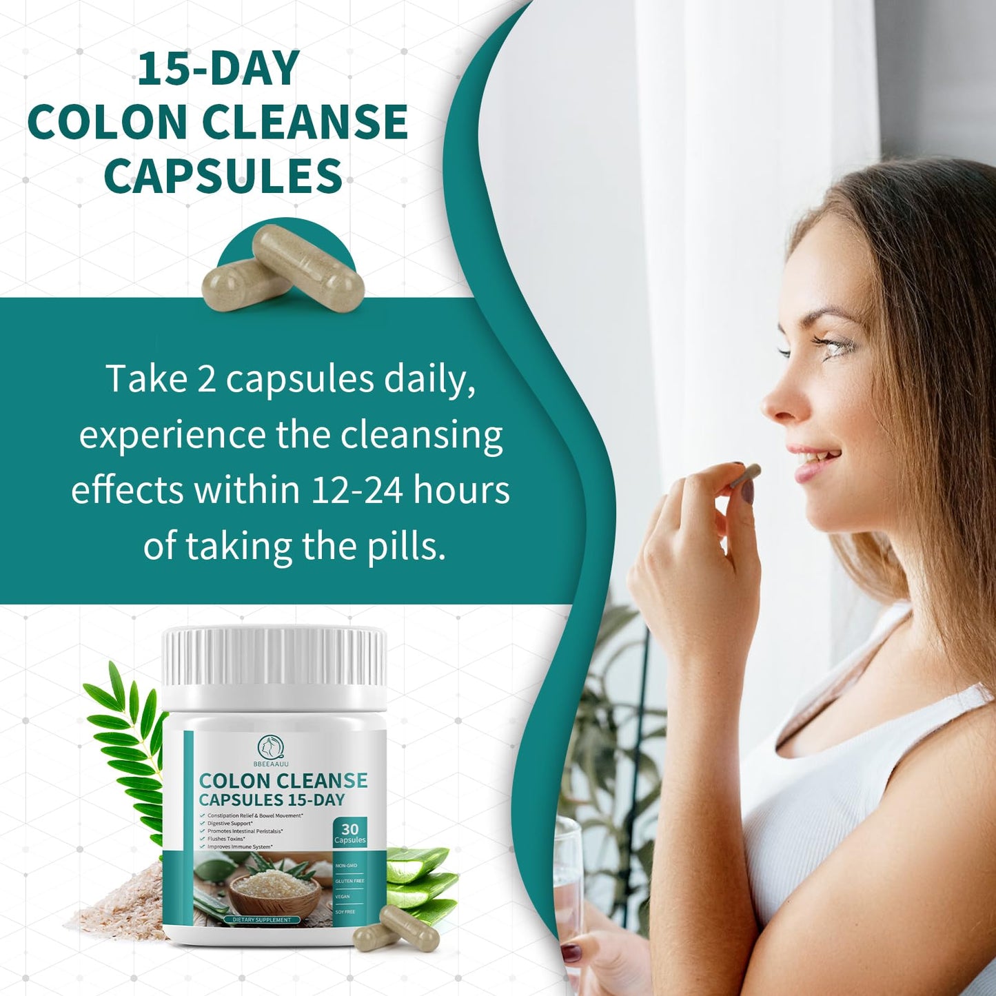 BBEEAAUU Colon Cleanse Detox Capsules, 15 Day Gut Health Supplemetns, Gut Health for Women Men, Support Digestive & Intestinal, with Psyllium Husk Powder & Senna Leaf, Non GMO, Gluten Free