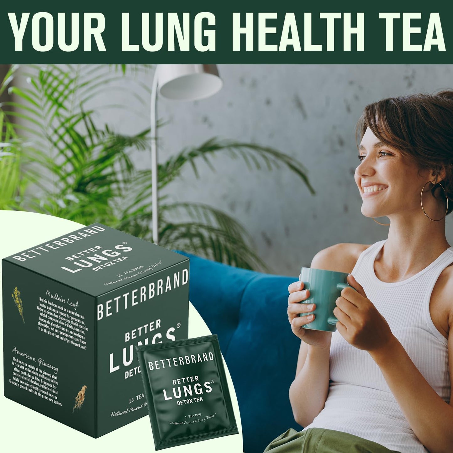 Betterbrand BetterLungs Detox Tea - Herbal Tea for Respiratory Support | Mullein Leaf & Herbal Blend for Lung Health & Wellness | Caffeine-Free | 15 Tea Bags