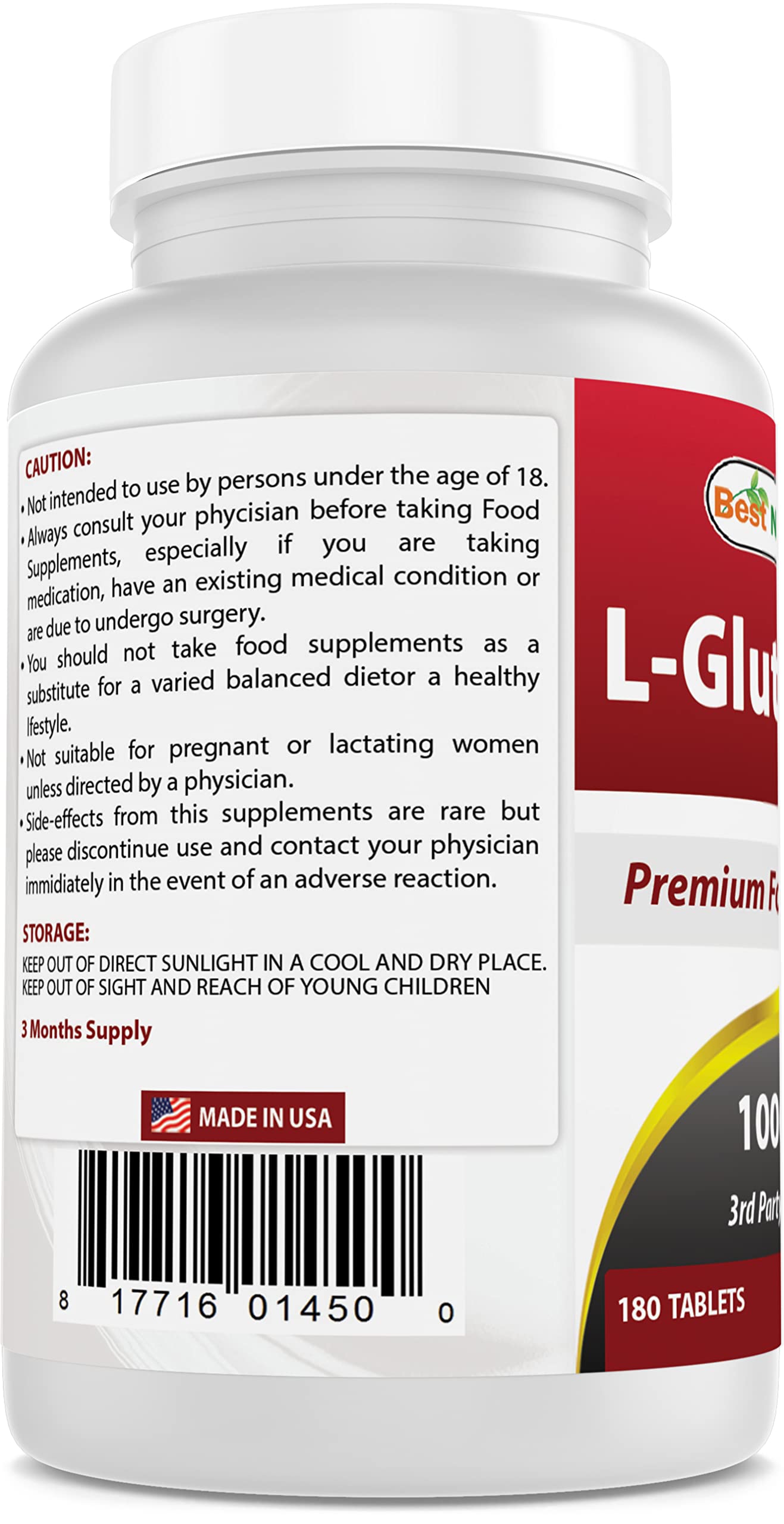 Best Naturals L-Glutamine 1000mg Fuel for Workout (Non-GMO) Tablets, 180 Count