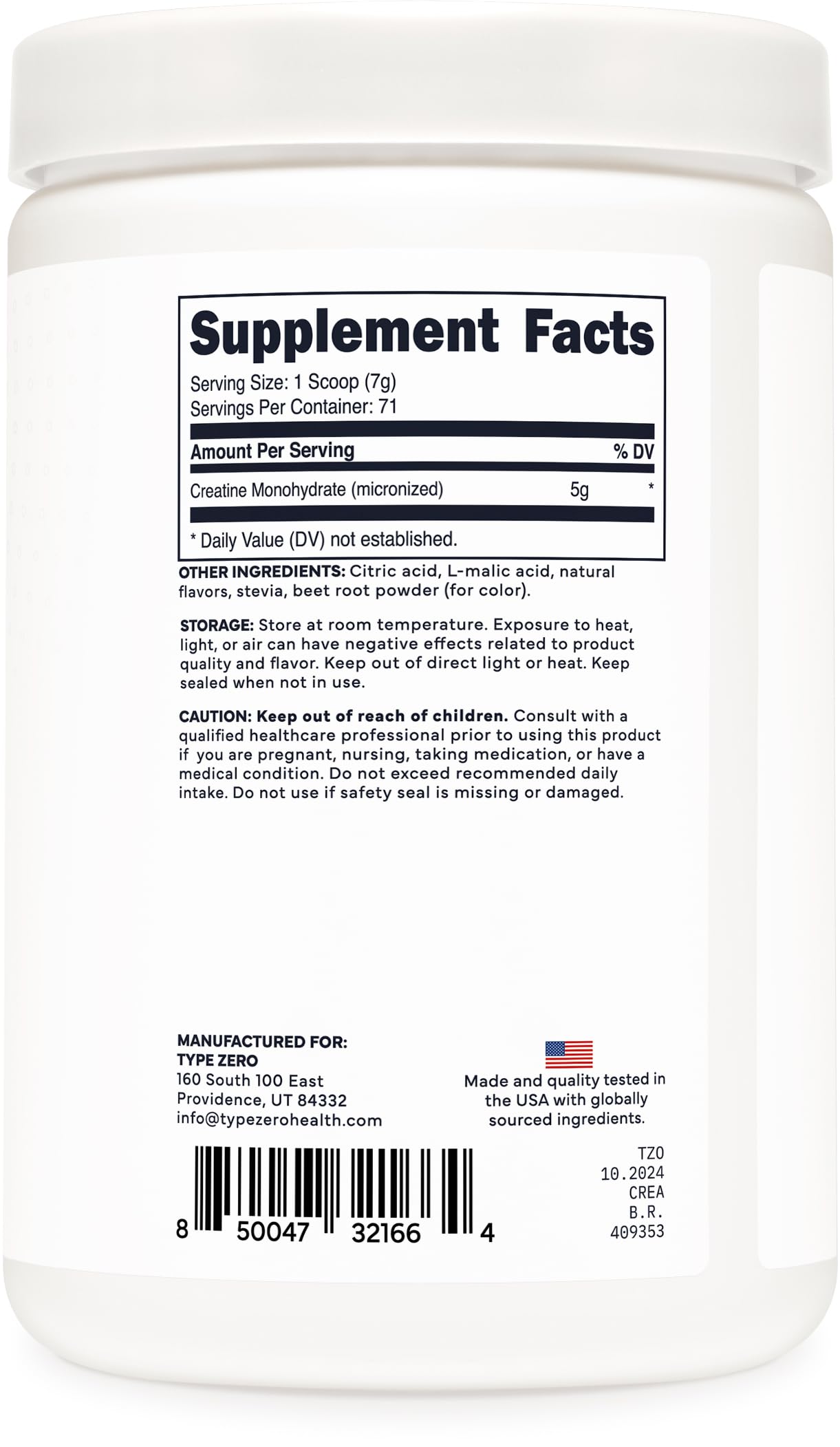 Type Zero Creatine Monohydrate Powder 500 Grams, Tropical Punch Flavored - Gluten-Free