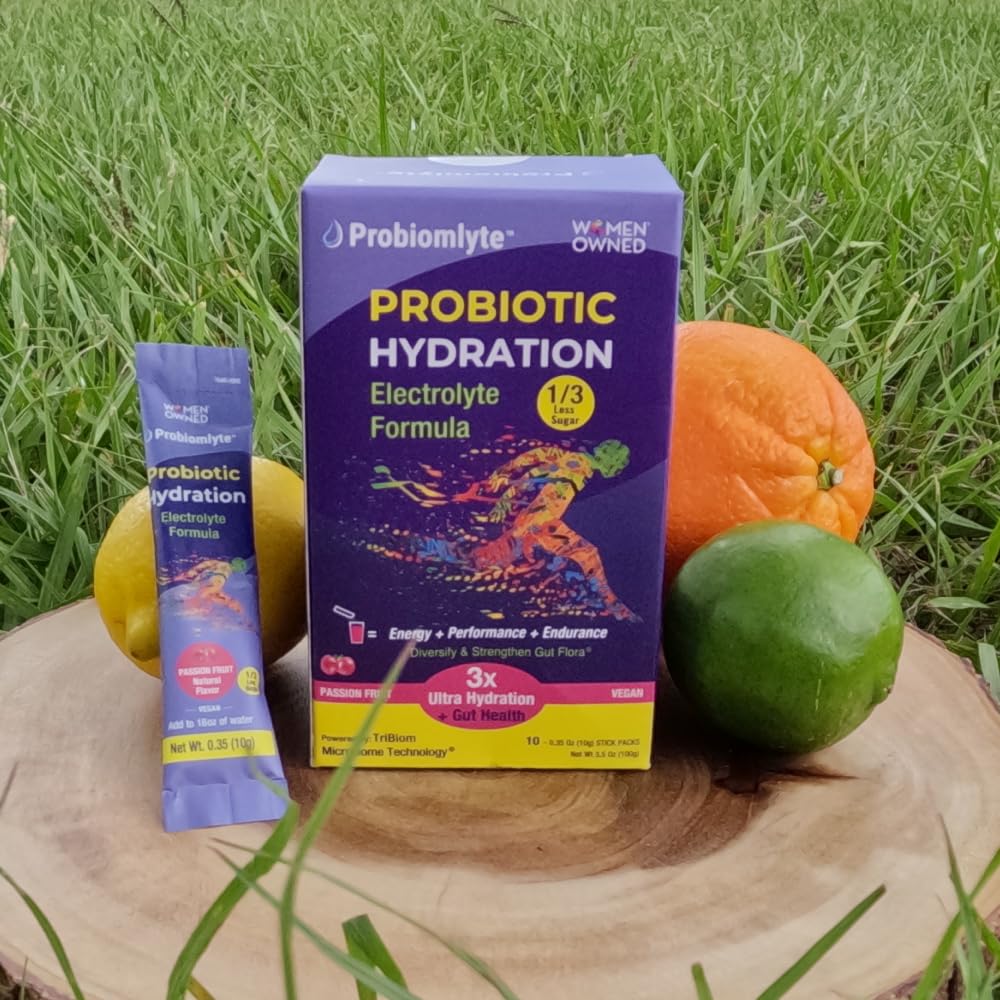 Probiomlyte Probiotic Hydration Amplifier. Electrolytes + Key Vitamins + Probiotics + Prebiotics + Postbiotics + Citrulline |Better Endurance, Performance, Energy, Gut Health| Passion Fruit |10 sticks