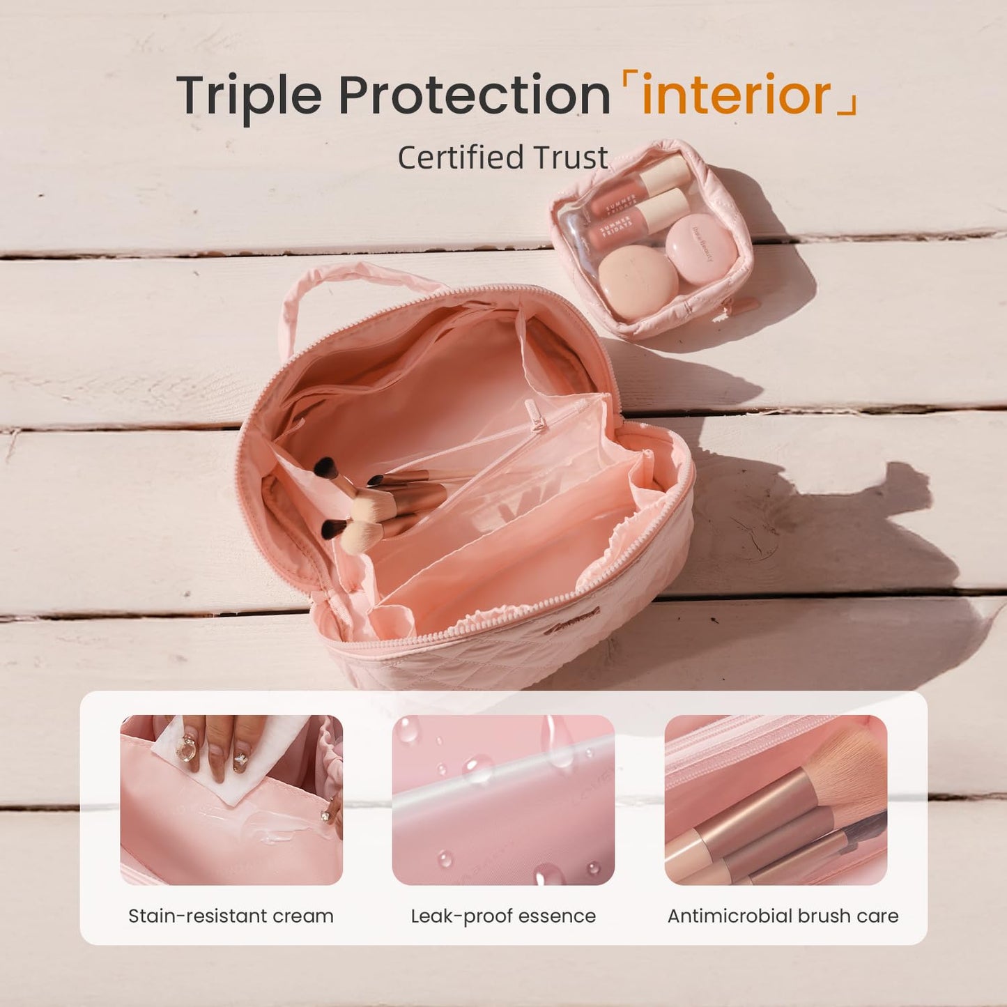 LOVEVOOK Travel Makeup Bag for Women, 2Pcs Set Puffer Waterproof Cosmetic Organizer, Large Capacity Pouch Open Flat Toiletry Bag with Divider & Handle, Portable Gift for Her, Pink