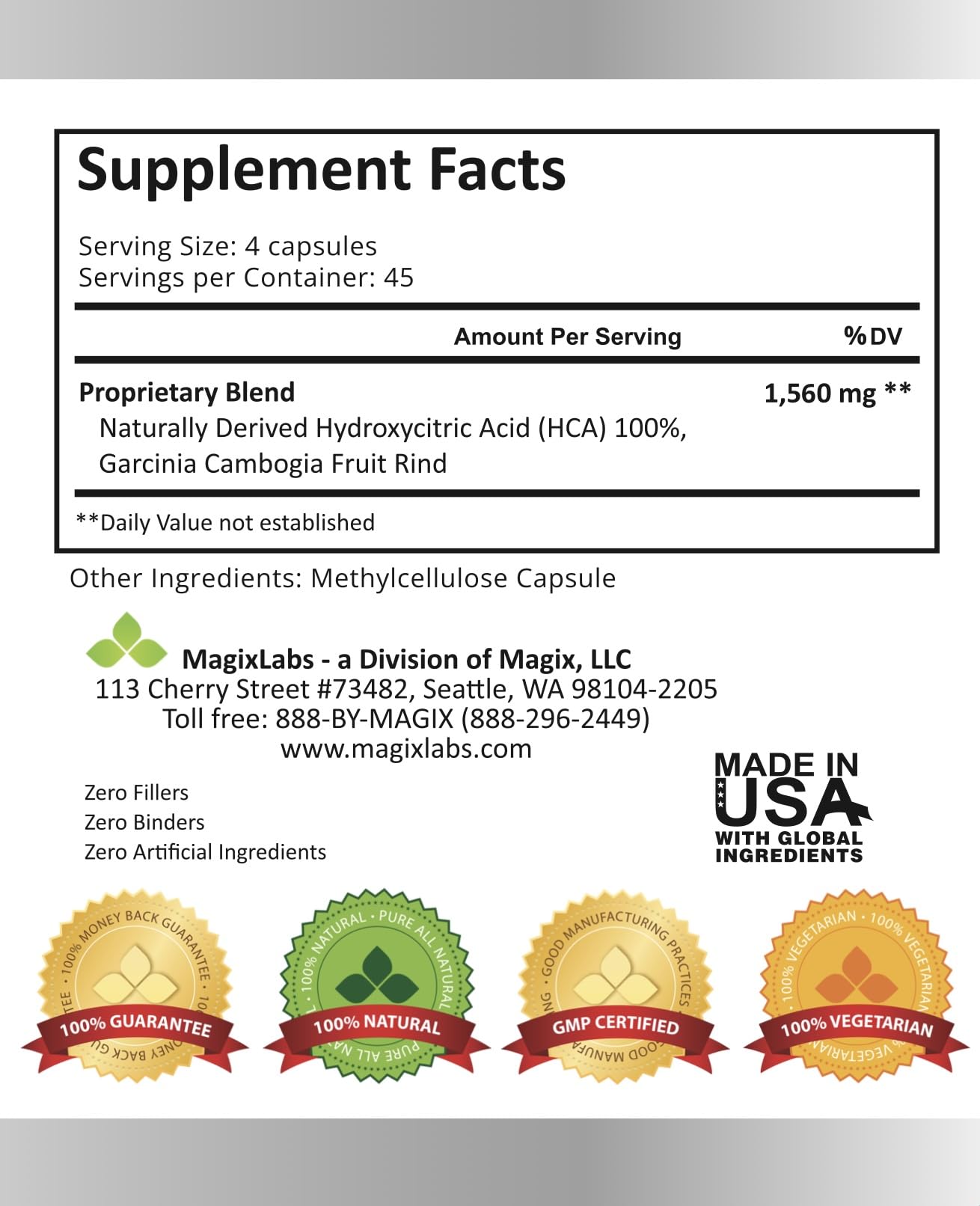 MagixLabs 100% HCA Ultra Extreme Garcinia Cambogia Extract - 100% Pure All Natural - The Ultimate Fast Action Supplement