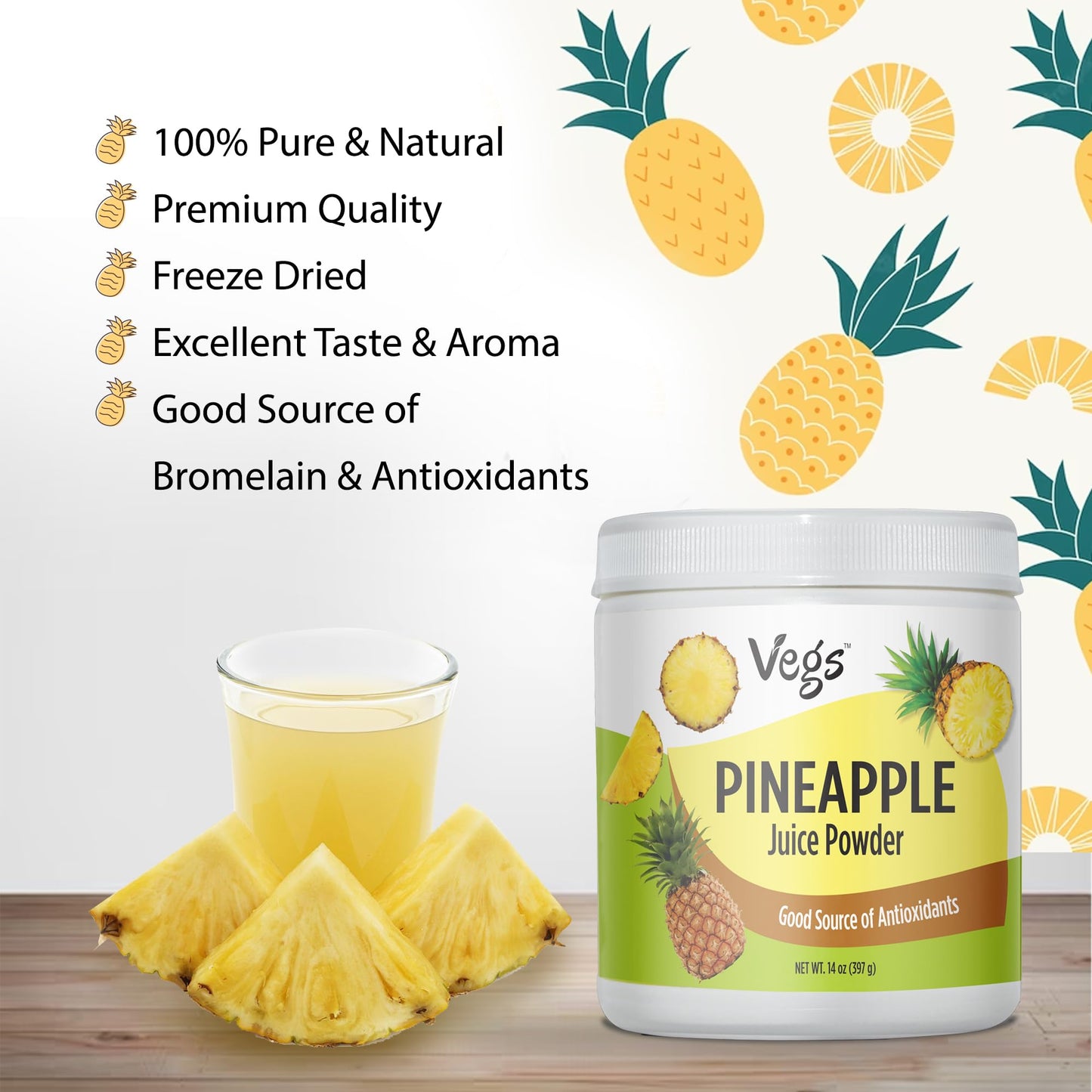 Vegs Pineapple Juice Powder Freeze Dried Organic Pineapple Powder with Bromelain Antioxidants Sugar free Pineapple Juice Concentrate Fruit Powder for Smoothies Shakes Baking Drinks 14 Oz