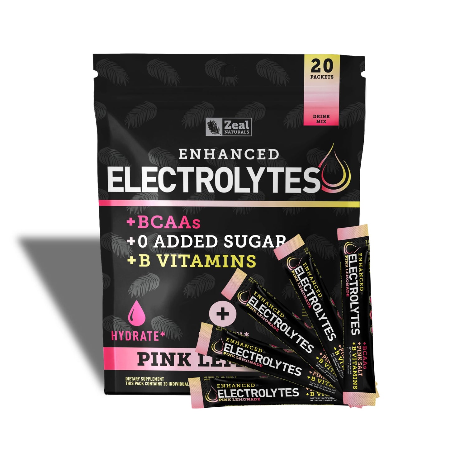 Enhanced Electrolyte Powder Stick Packs (Pink Lemonade - 20 Packets) w 0 Sugar +BCAAs +B-Vitamins Electrolyte Supplement w Potassium Zinc & Magnesium for Hydration - Keto Electrolytes