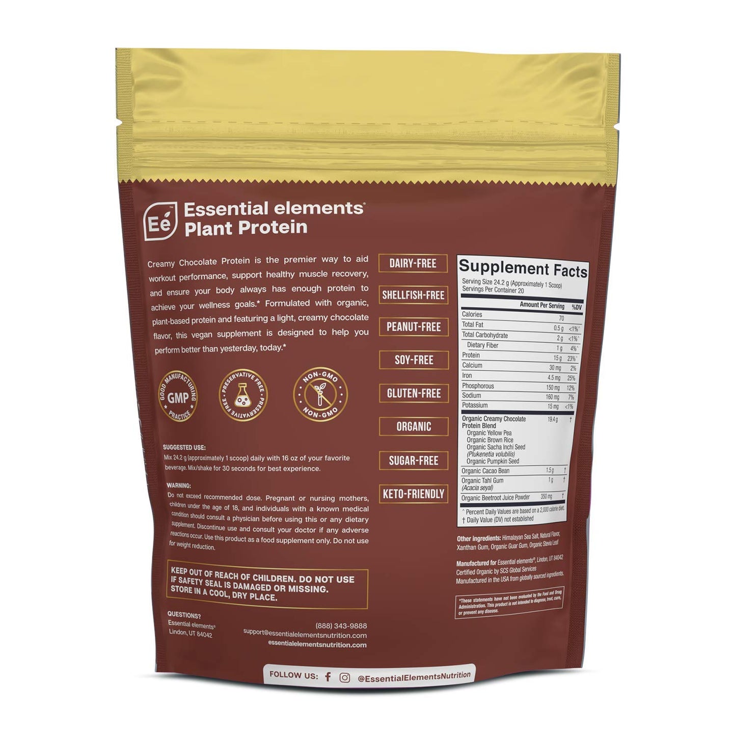 Essential Elements Pea Protein Powder - Creamy Chocolate | Low-carb Plant-Based Vegan Blend - Keto-Friendly and Gluten-Free | 40 Servings