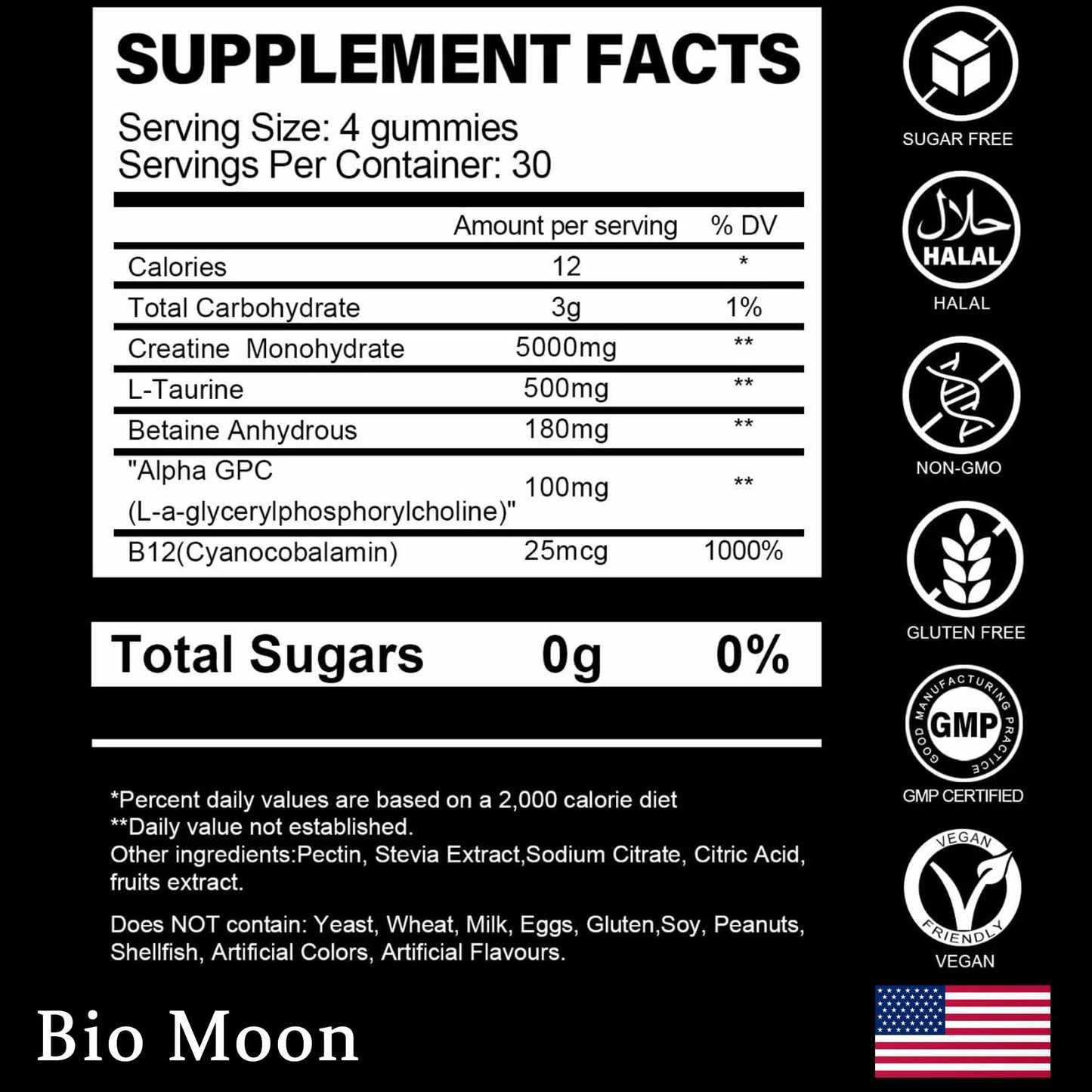 Bio Moon Creatine Monohydrate Gummies 5000mg for Men & Women, Chewables Creatine Monohydrate for Muscle Strength, Muscle Builder, Energy Boost, Pre-Workout Supplement(120 Count)- Blueberry Flavour