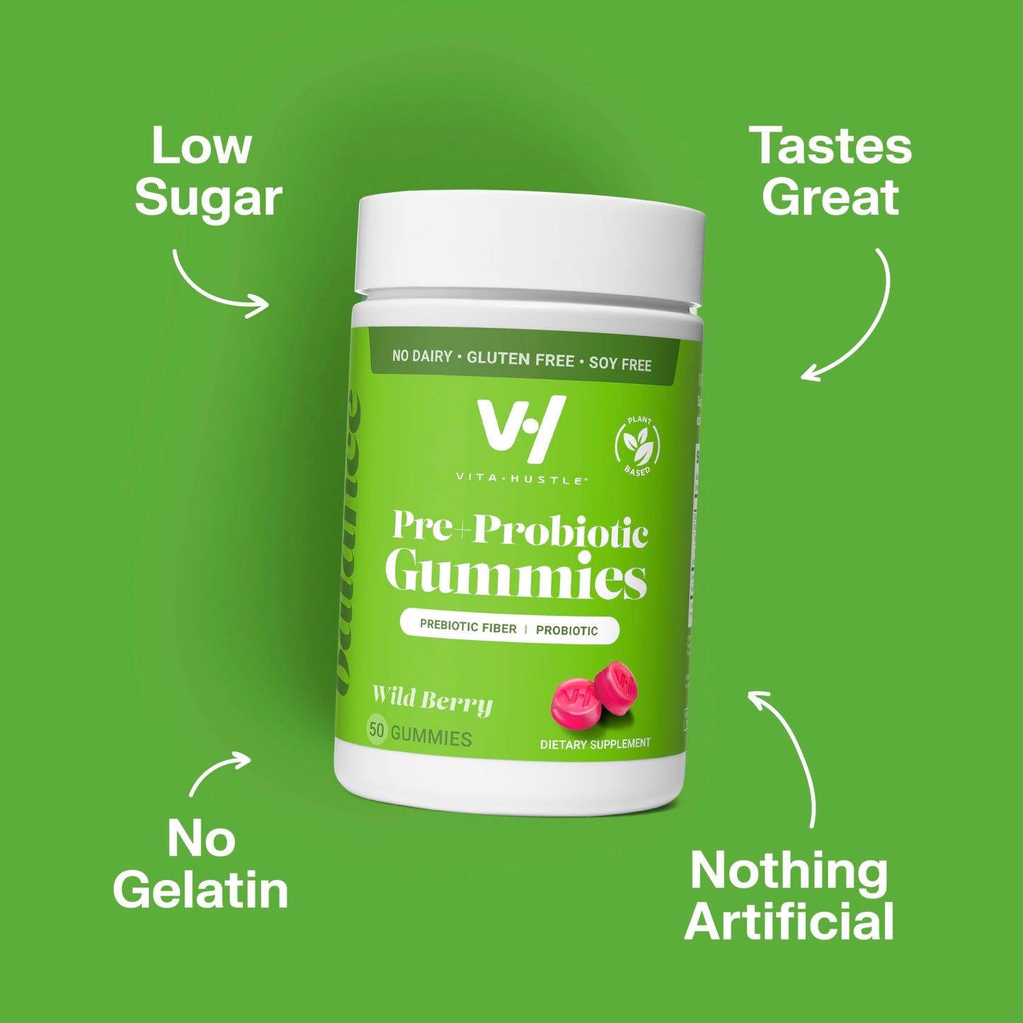 VitaHustle Pre + Probiotic Gummies, Vegan, Gut Health, Digestion, Bloating, Relief, Immune Support, Low Sugar, Plant Based, Non GMO, Berry Flavor, 50 Count