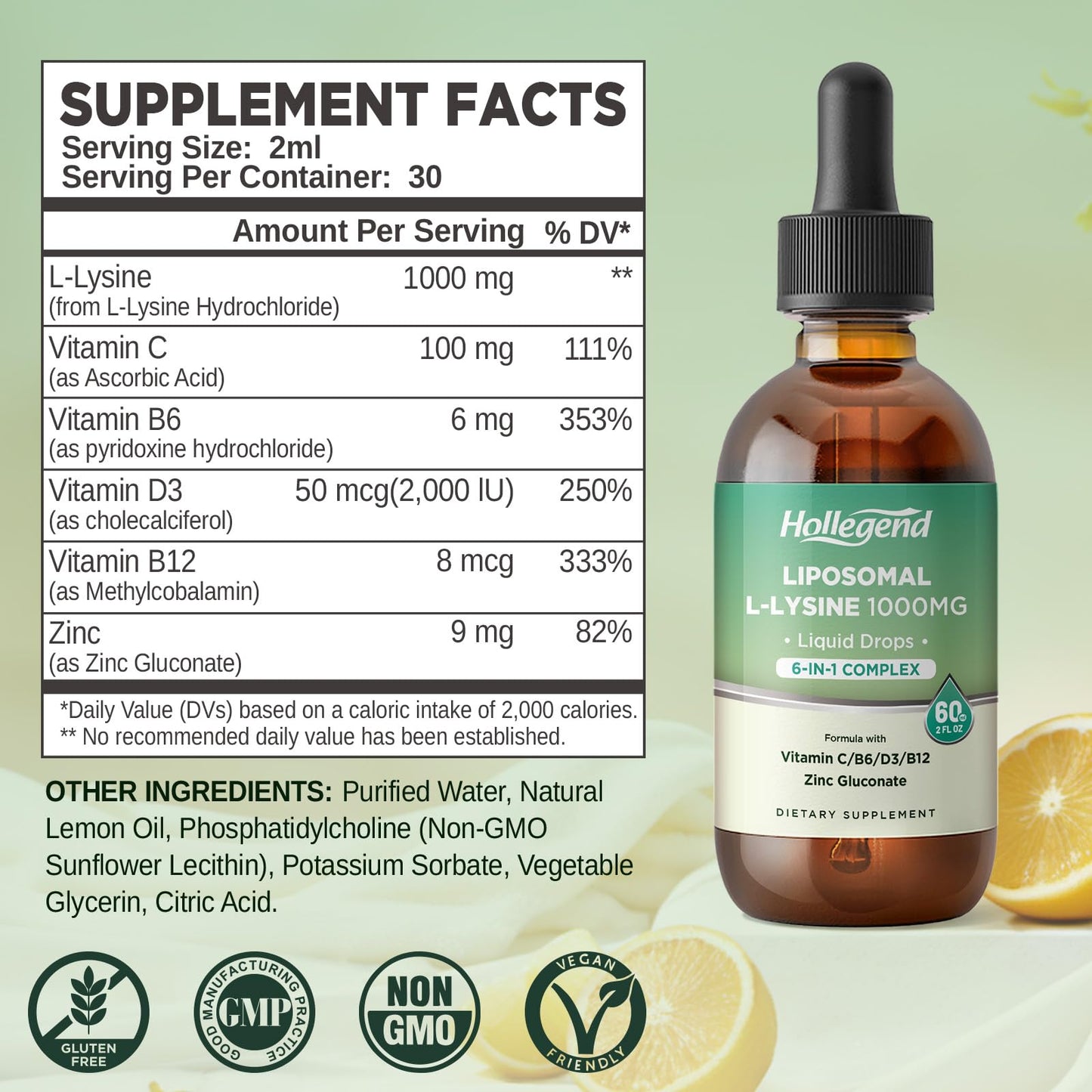 Liposomal L-lysine 1000MG Liquid Drops, Lysine Supplement for Women & Kids with Vitamin C, B6, D3, B12 &Zinc Gluconate, Skin & Lip Health, Immune & Collagen Production Support, Lemon Flavor, 2 fl oz