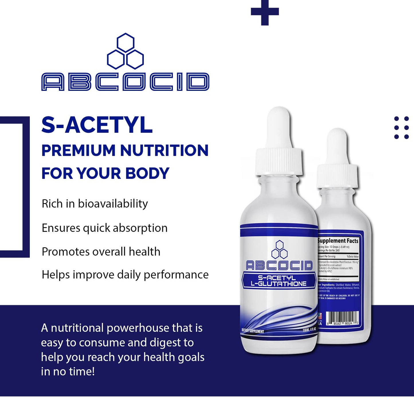 ABCOCID S-Acetyl L-Glutathione 95 mg, 4 Oz Liquid, 240 Servings, Made in USA, Quick Absorption, Quality Potent Ingredients, Non-GMO, GMP Certified, Cruelty-Free Products