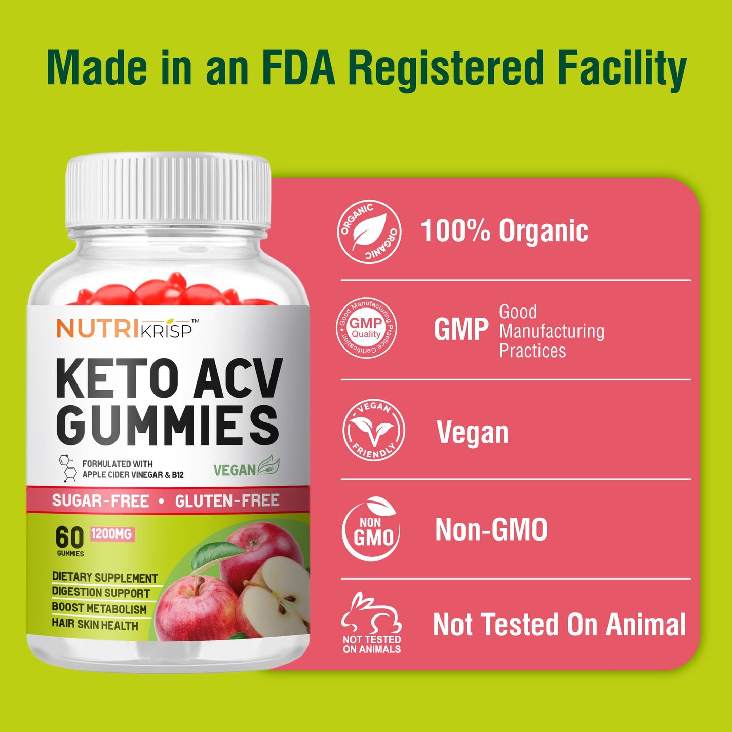 NutriKrisp Keto ACV Gummy - Sugar-Free Gluten Free Pro Active Super Apple Cider Vinegar Supplement for Men Women - Support Digestion Hair Skin (1200MG)
