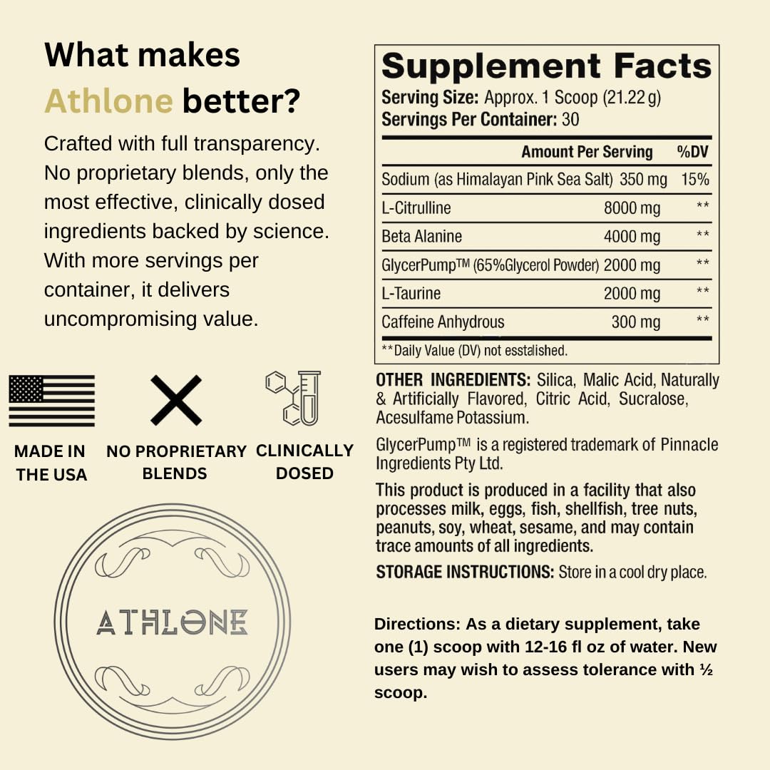 Athlone Pre-Workout Powder Blue Raspberry Performance Blend- Energy with Caffeine, L-Citrulline, Beta Alaline, Himalayan Pink Salt - No Artificial Dyes (30 Servings)