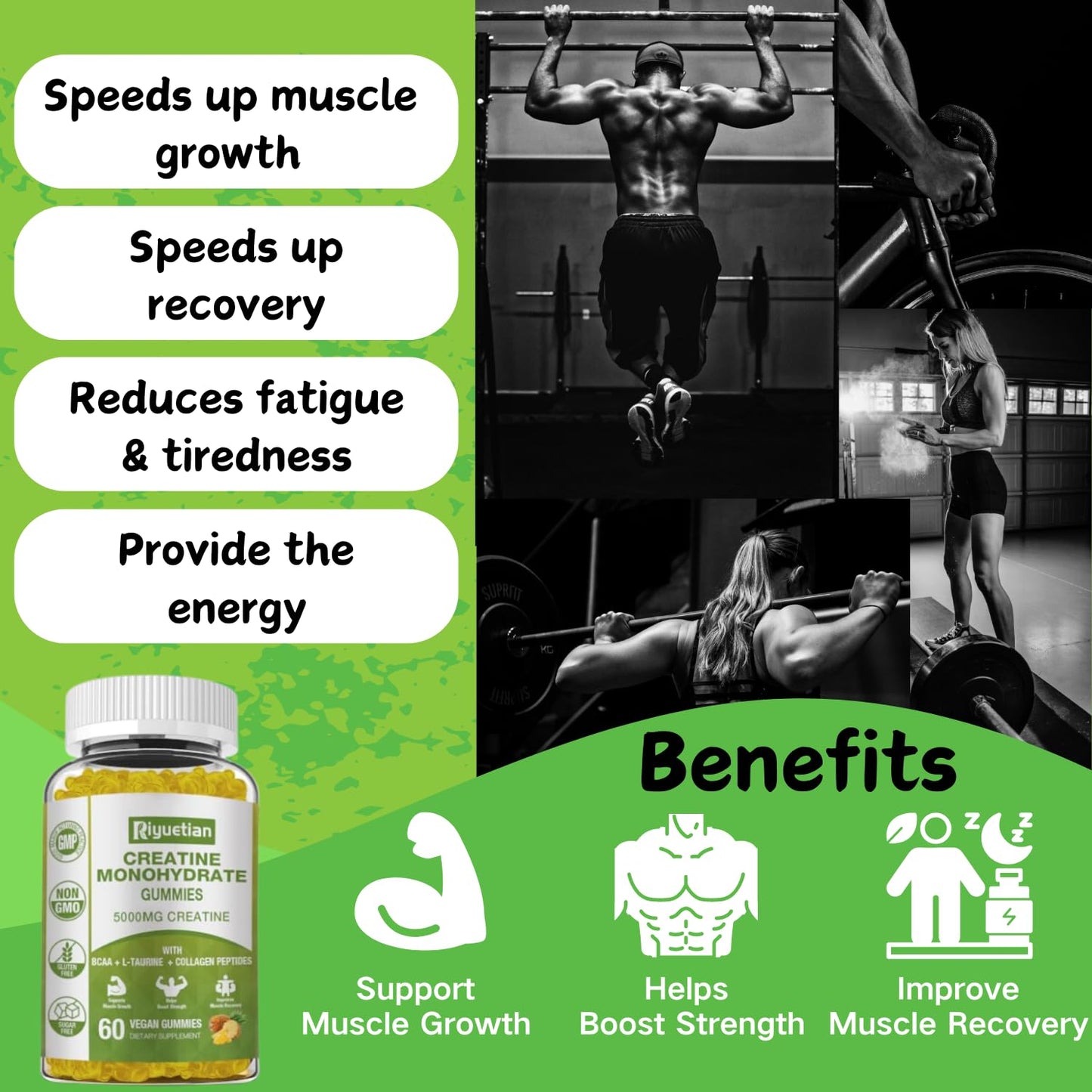 Riyuetian 2 Pack Creatine Monohydrate for Men & Women - Muscle Growth, Recovery, Strength & Energy - Vegan, Gluten-Free, Sugar-Free Creatine Monohydrate - 120 Count