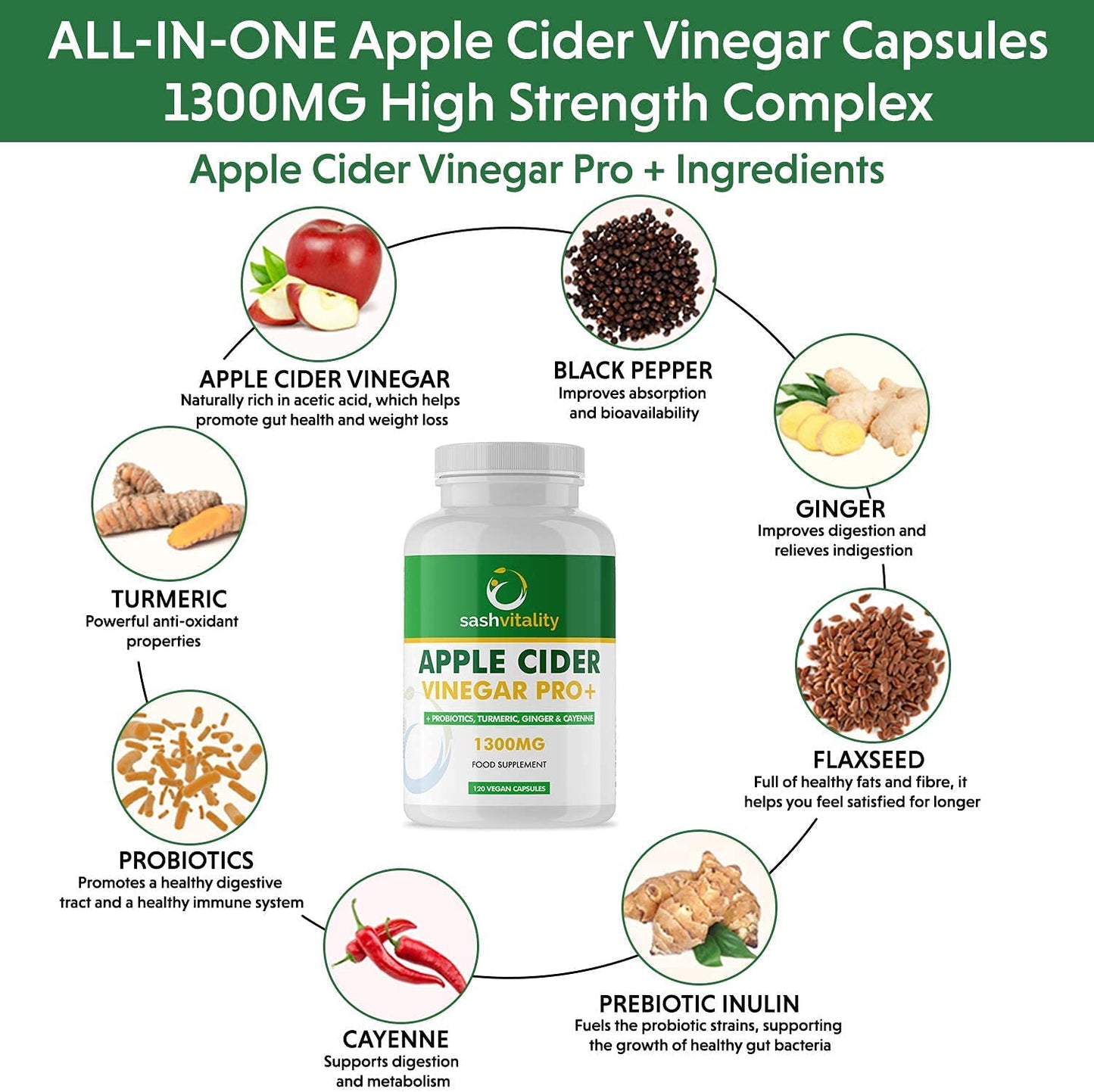 Raw Apple Cider Vinegar Complex - 1300MG - with Turmeric, Ginger, Probiotics 200 Billion & Prebiotics, Cayenne Pepper, Turmeric, Ginger, Black Pepper & Flaxseed (Apple Cider Vinegar 120 Capsules)