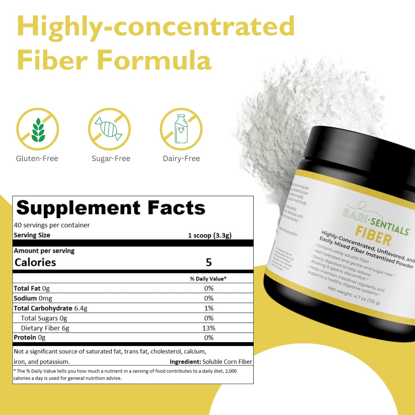 Barisentials Soluble Fiber Powder- Digestive Health Supplement and Gut Support- Easily Mixed- Gluten and Sugar Free- Bariatric Fibre- Unflavored- 135 Grams, 40 Servings