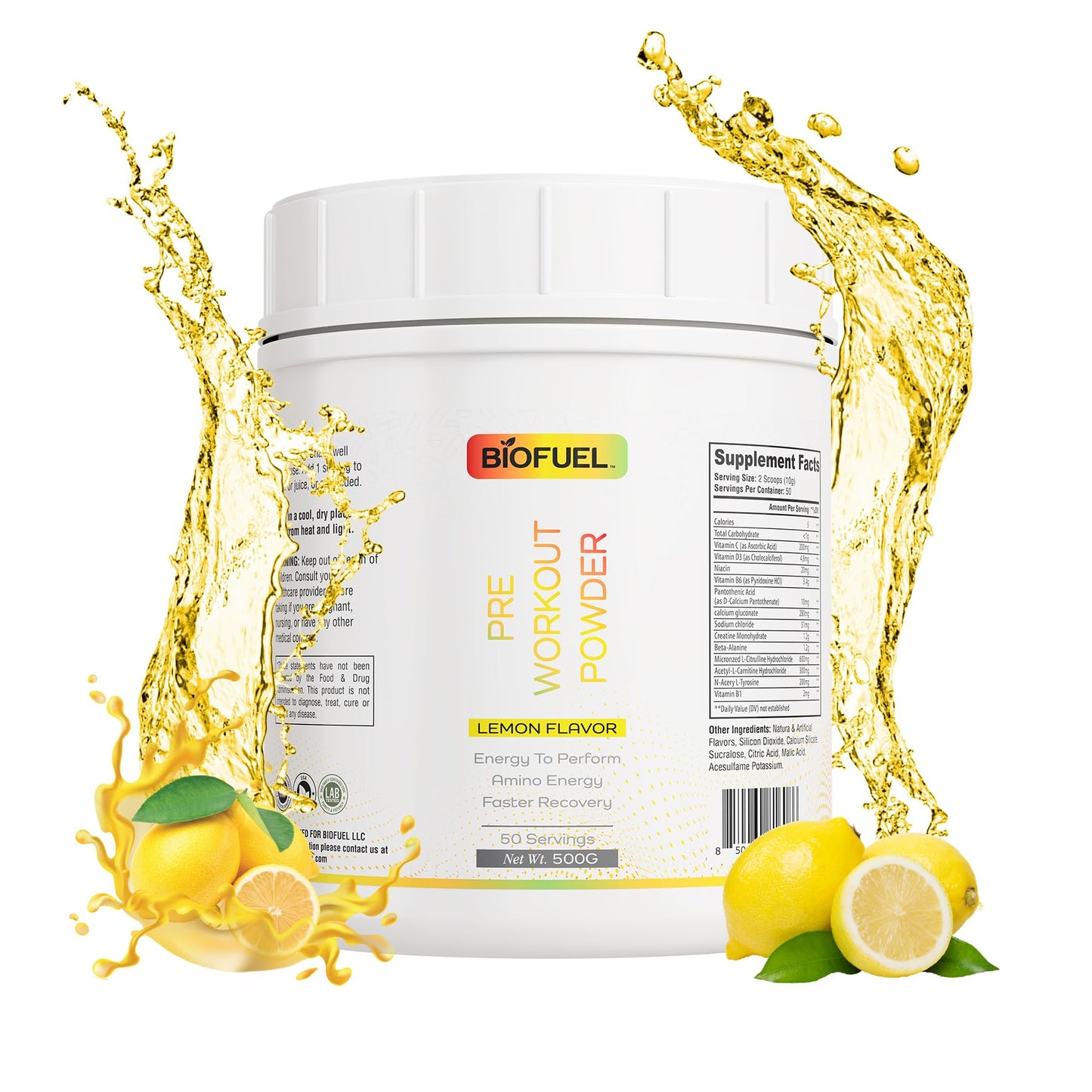 Biofuel Pre-Workout Powder - Enhances Amino Energy, Workout Performance, and Recovery - Natural Lemon Flavor, 500g, 50 Servings