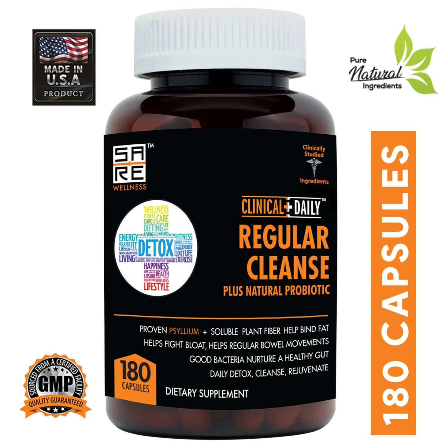 Clinical Daily Regular Cleanse Plus Natural Probiotic - Colon Cleanse & Gut Detox Supplement - Assists with Energy and Constipation Relief - Herbal Dietary Fiber Psyllium Husk Capsules - 180 Count