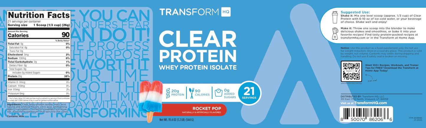 TransformHQ Clear Whey Protein Isolate (WPI) (Rocket Pop Flavored) 21 Servings - 20 Grams Protein Per Serving