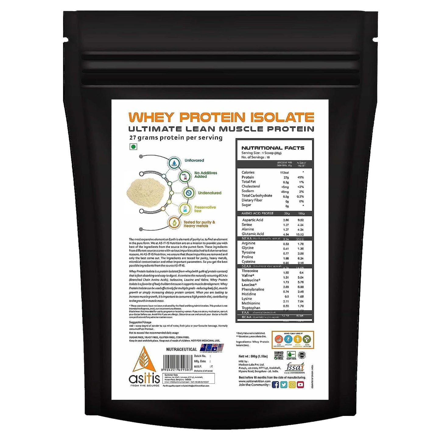 AS-IT-IS Nutrition Whey Protein Isolate 90% - 500 Gms/17.6 Oz | Protein 27g & Bcaa 5.9g Per Serving Unflavoured Cross-flow Microfiltered Natural Zero Fat, Zero Sugar