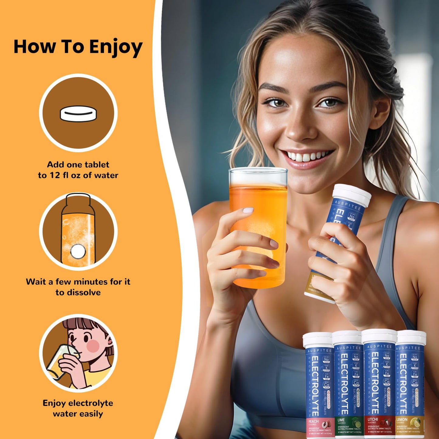 AUSPITEE Sports Nutrition Electrolyte Tablets - Electrolyte Drinks That Dissolve in Water, 4 Electrolyte Tablets & 4g | Vegan, Non-GMO | 4 Packs (40 Servings)