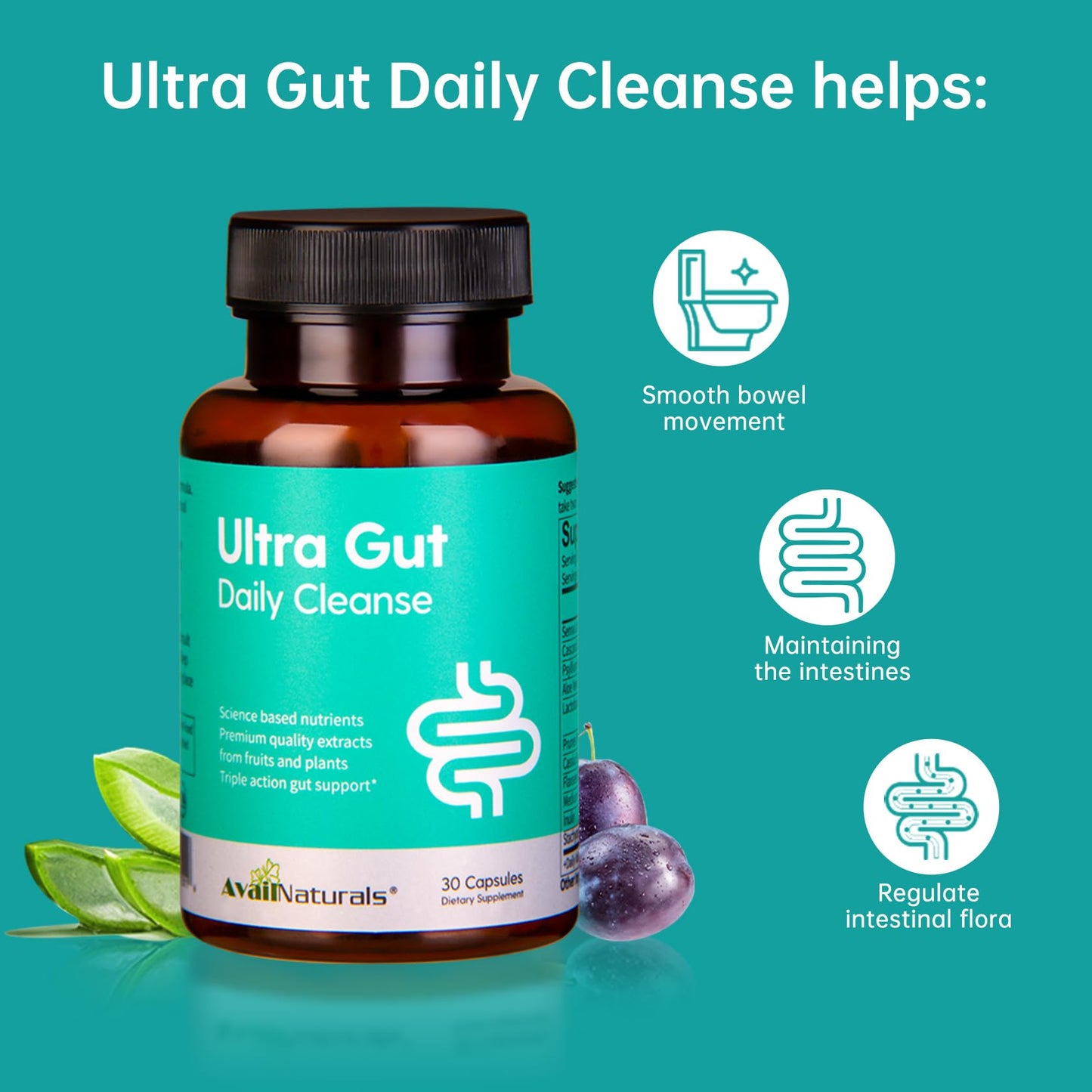 AvailNaturals Ultra Gut Daily Cleanse -with Senna Leaf Extract, Cassia Seed, Probiotics & Dietary Fiber,30 Capsules (2)