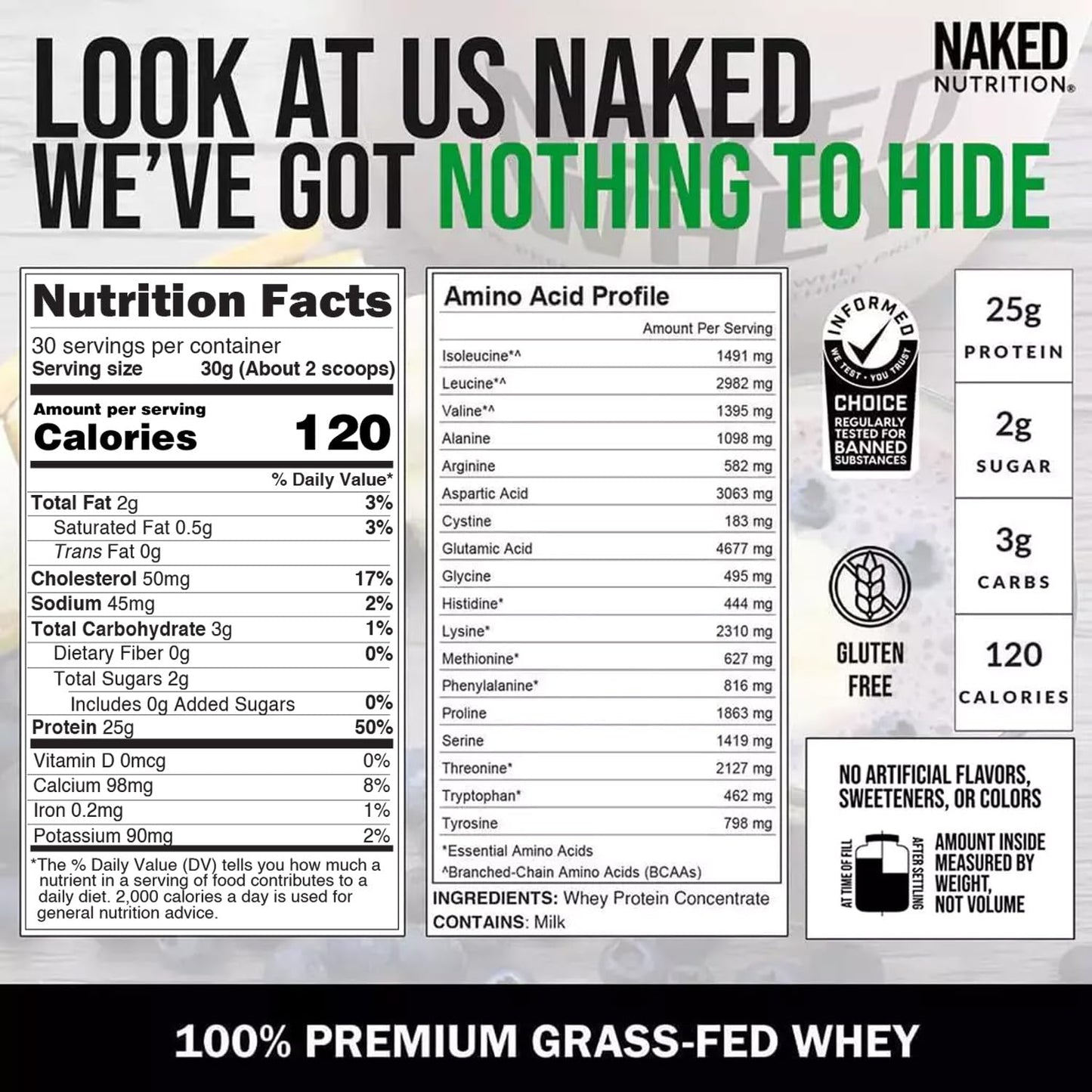 Naked Whey 2LB 100% Grass Fed Whey Protein Powder - Only 1 Ingredient, Unflavored Whey Protein, Undenatured, Gluten Free, Soy Free, No GMOs, No Preservatives