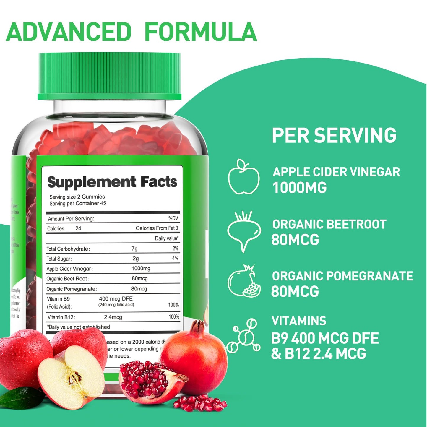 90 CT Apple Cider Vinegar Gummies, Keto Acv Gummies, Advanced Formula with 1000mg Acv Beet Root Pomegranate, Vegan Gluten-Free (1 Pack)