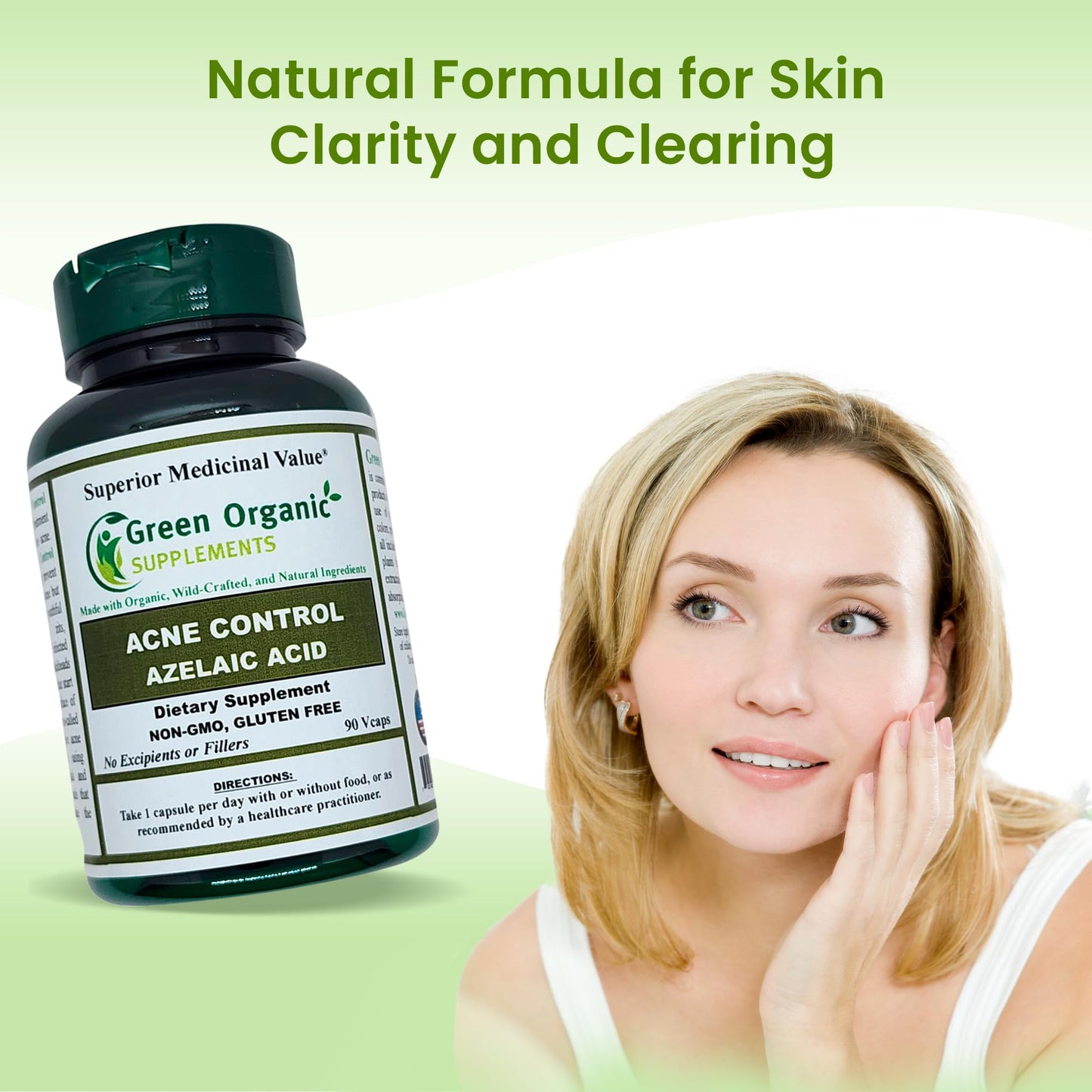 Green Organic Supplements Acne, Azelaic Acid, 90 VCaps, High Absorbable, Non-GMO, Gluten-Free, (Single)