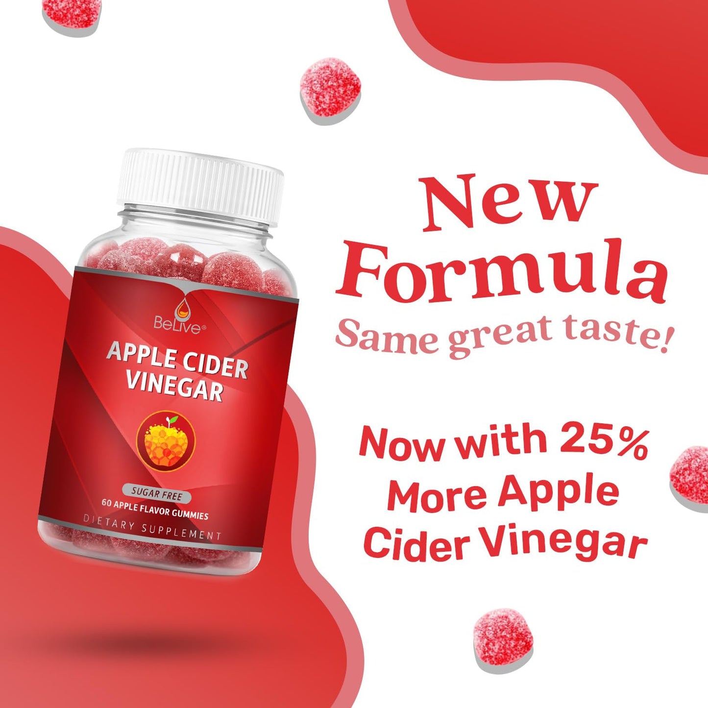 Belive Apple Cider Vinegar Gummies - ACV Gummies Without Sugar I Detox & Cleanse Digestive Health I Alternative to Capsules, Vegan, Keto Friendly, Non-GMO, Gluten Free | 60 Ct