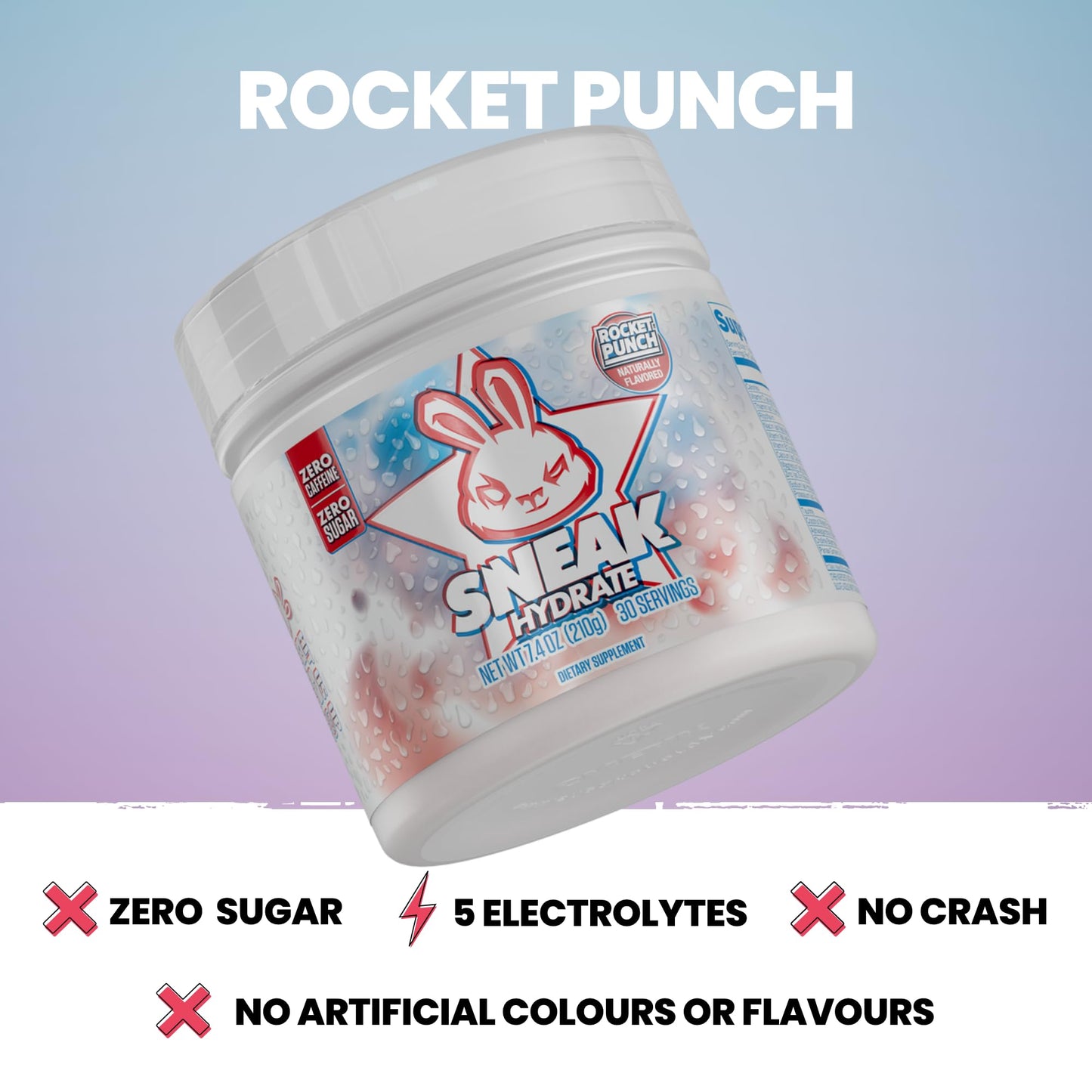 SNEAK Rocket Punch Hydrate Zero Caffeine Zero Sugar Natural Flavours Colours Ashwagandha KSM66 Coconut Water 30 Servings
