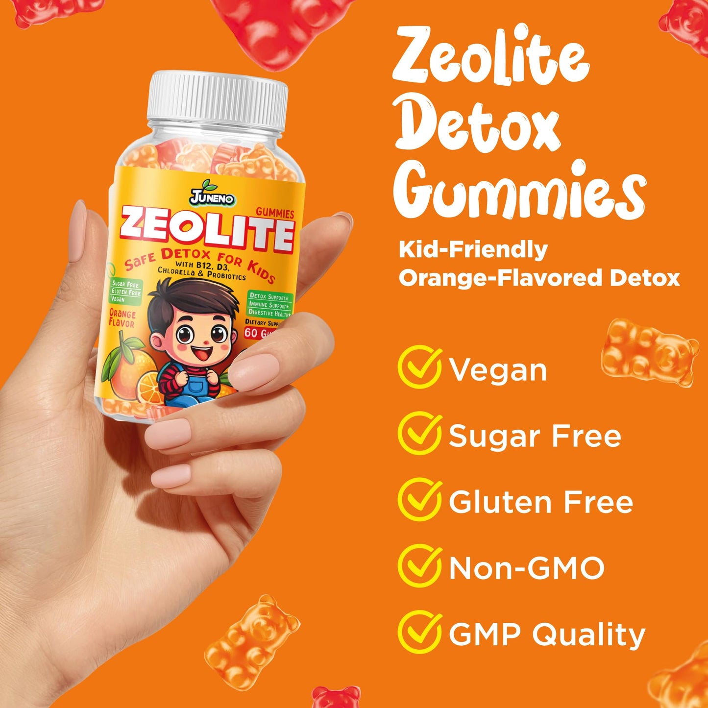 Juneno Zeolite Kids Detox Gummies - Total Body Cleanse Micronized Chewables Supplement with Chlorella - Orange Flavor Vegan Non-GMO Gluten-Free